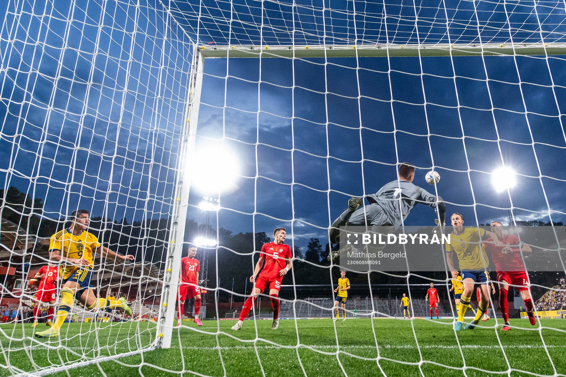 goalkeeper Marko Alchevski of North Macedonia with a save