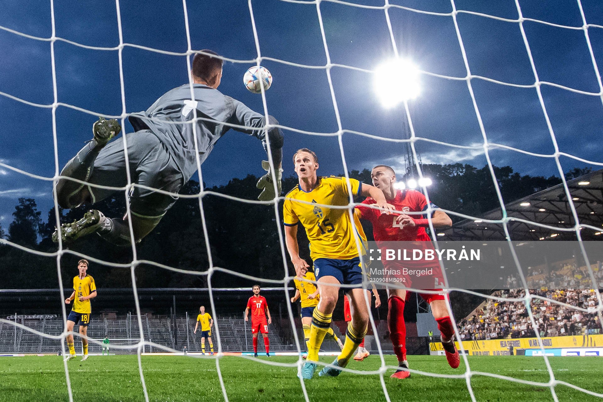 goalkeeper Marko Alchevski of North Macedonia with a save