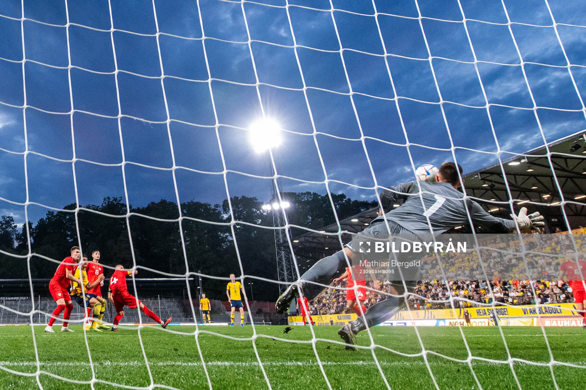 goalkeeper Marko Alchevski of North Macedonia with a save