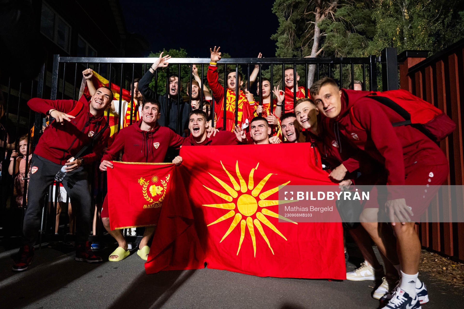 Players of North Macedonia celebrate after the UEFA European Under-21 Qualifier football match between Sweden and North Macedonia on September 8, 2023 in Jönköping.