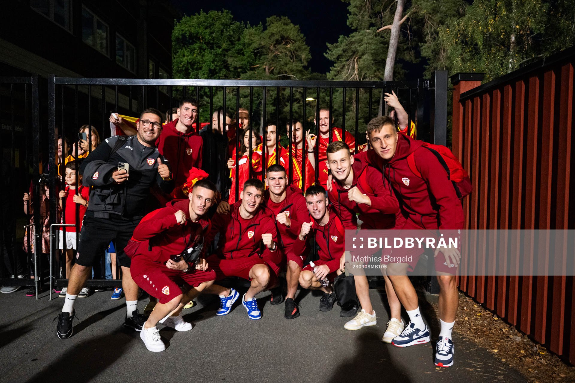 Players of North Macedonia celebrate after the UEFA European Under-21 Qualifier football match between Sweden and North Macedonia on September 8, 2023 in Jönköping.