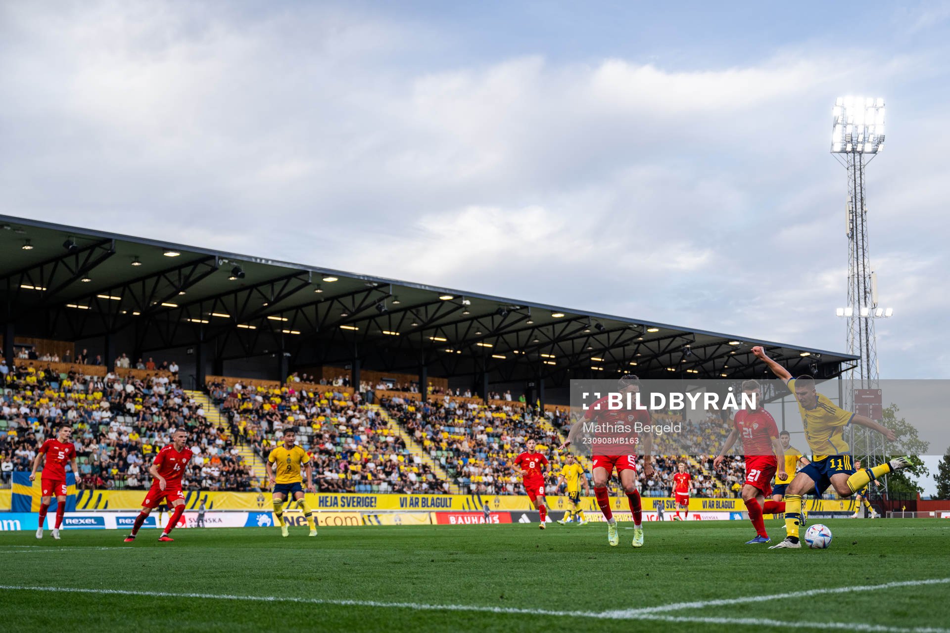 Stefan Despotovski and Hamza Ramani of North Macedonia defend against Mayckel Lahdo of Sweden during the UEFA European Under-21 Qualifier football match between Sweden and North Macedonia on September 8, 2023 in Jönköping.