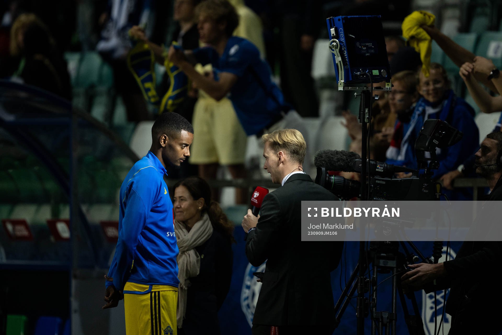 Alexander Isak of Sweden speaks to media