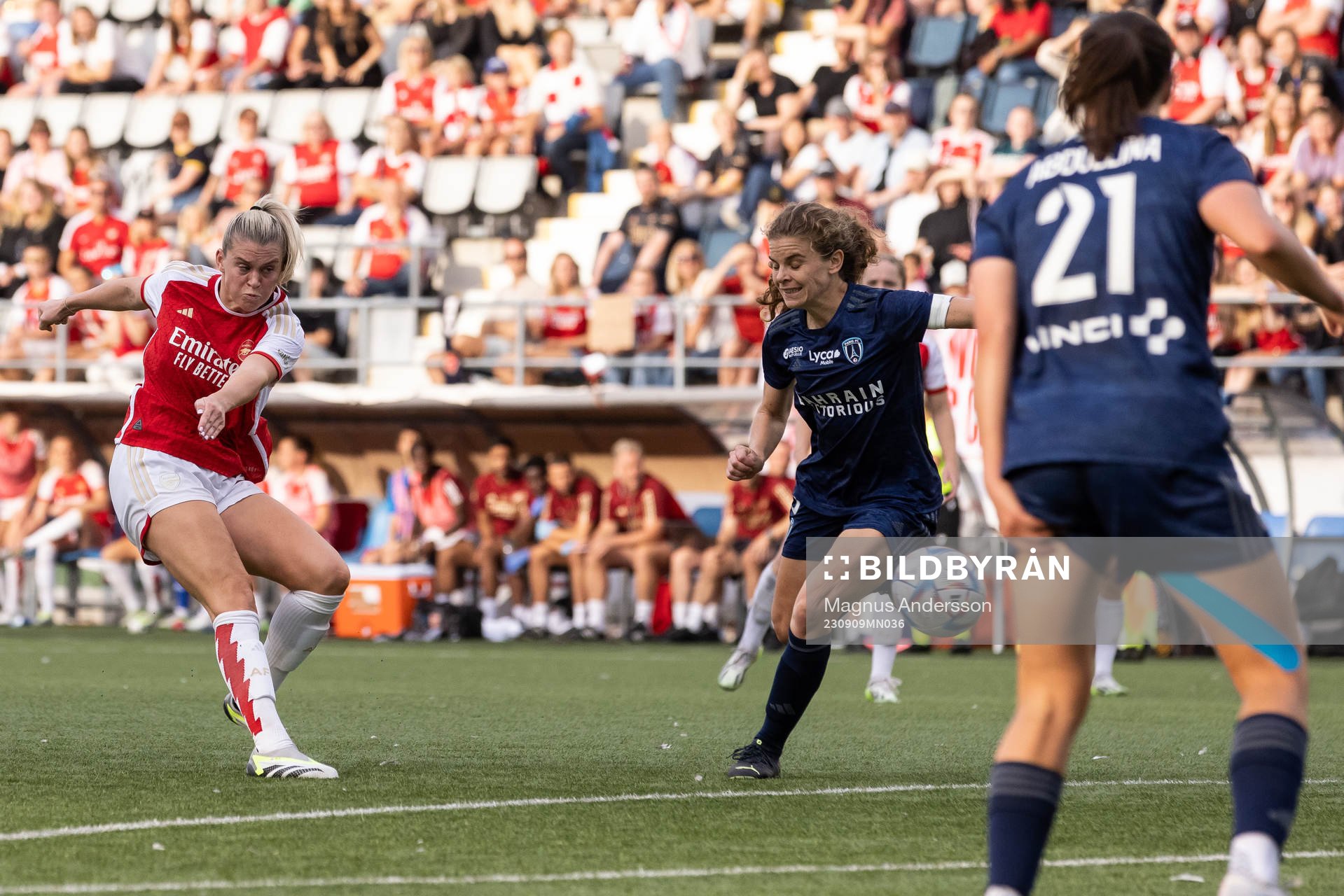Alessia Russo of Arsenal scores 3-3 during the UEFA Women's Champions League football match between Arsenal and Paris FC on September 9, 2023 in Linköping.