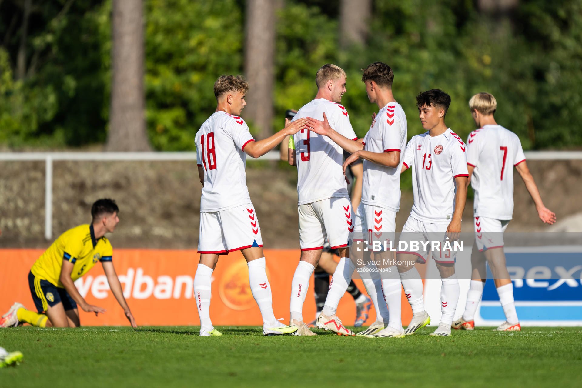 Players of Denmark celebrate after the friendly international football match between Sweden and Denmark on September 9, 2023 in Nybro.
