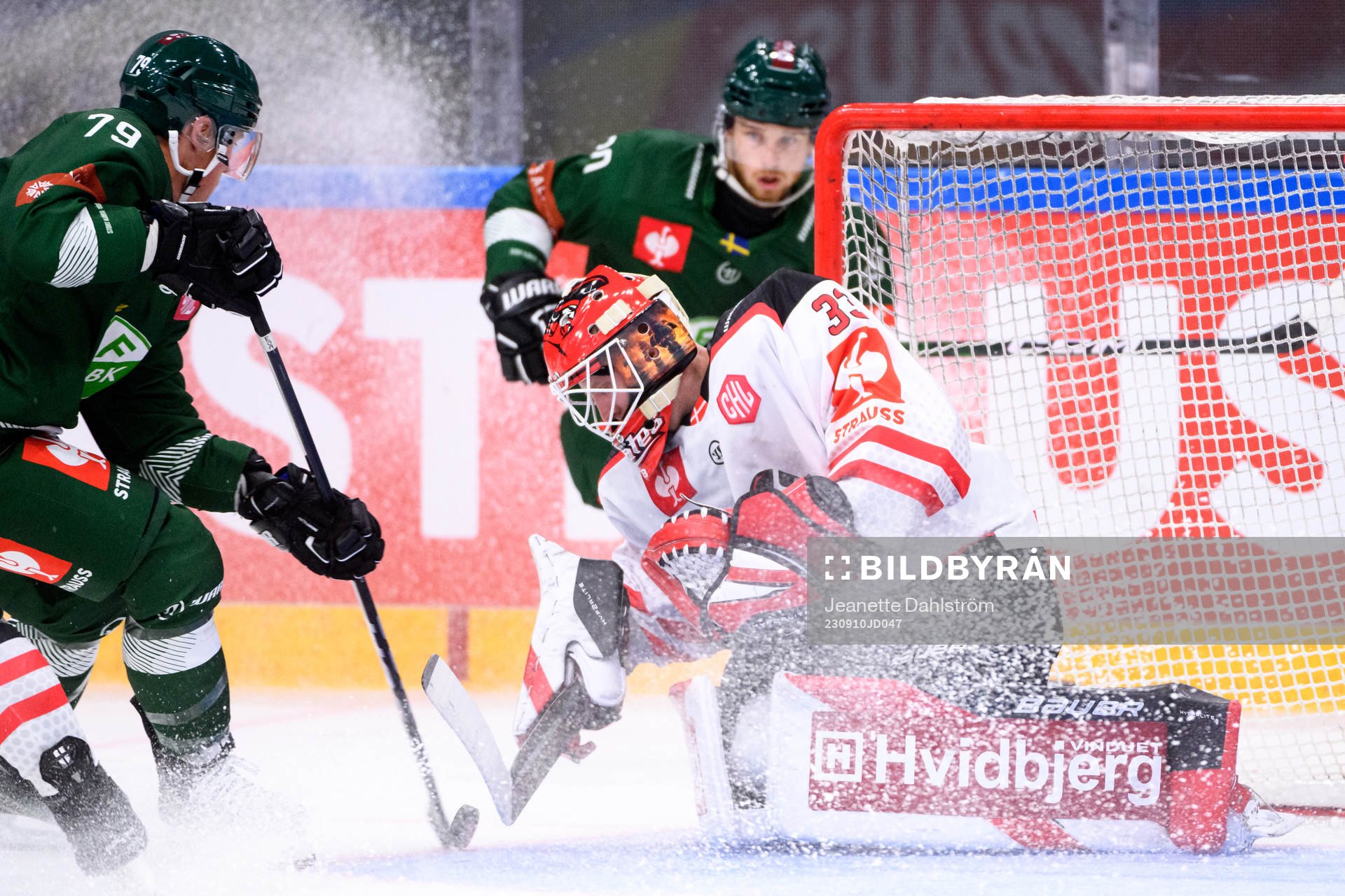 Patrik Lundh of Färjestad against goaltender Albert