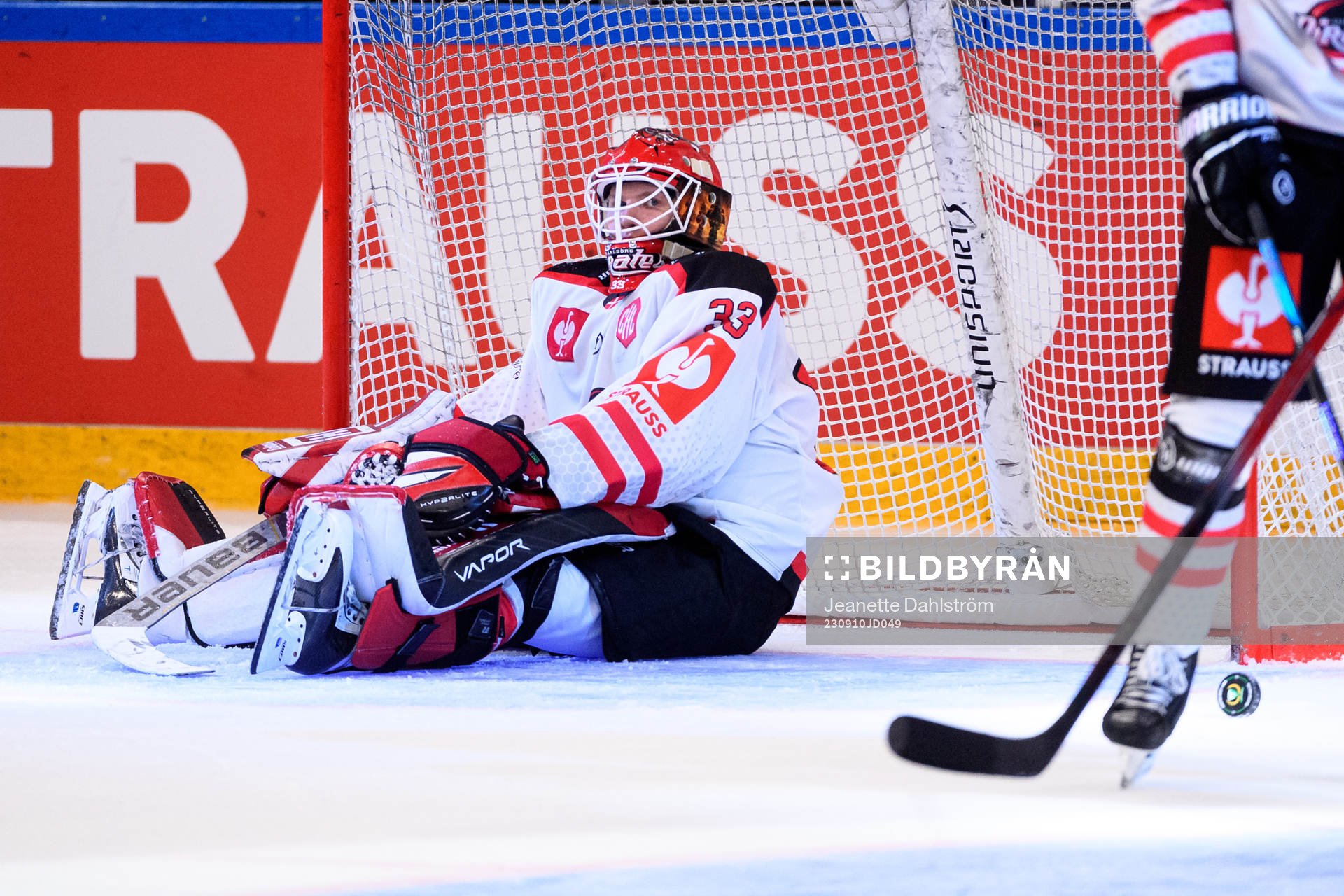Goaltender Albert Adamsen of Aalborg Pirates looks dejected