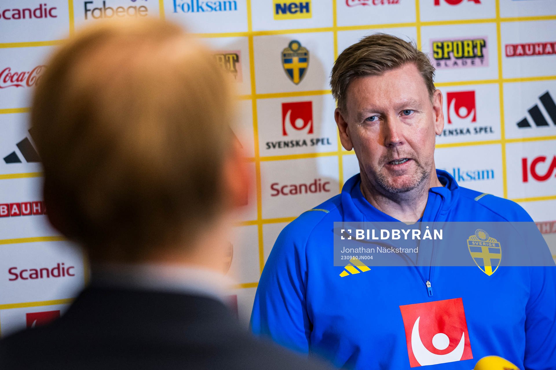 Assistant coach Peter Wettergren of the Swedish national football team at a mixed zone on September 10, 2023 in Stockholm. 