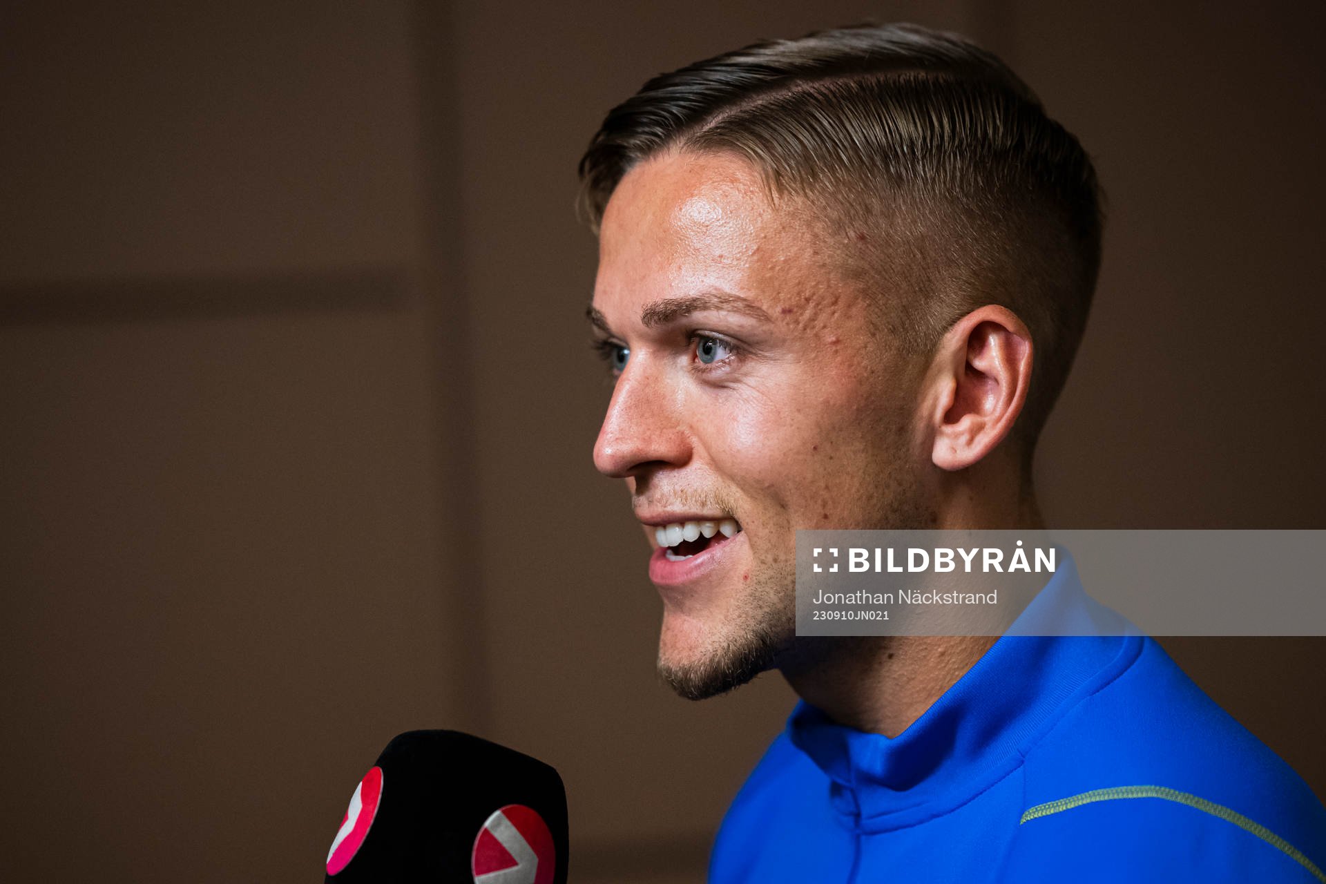 of the Swedish national football team at a Mixed Zone