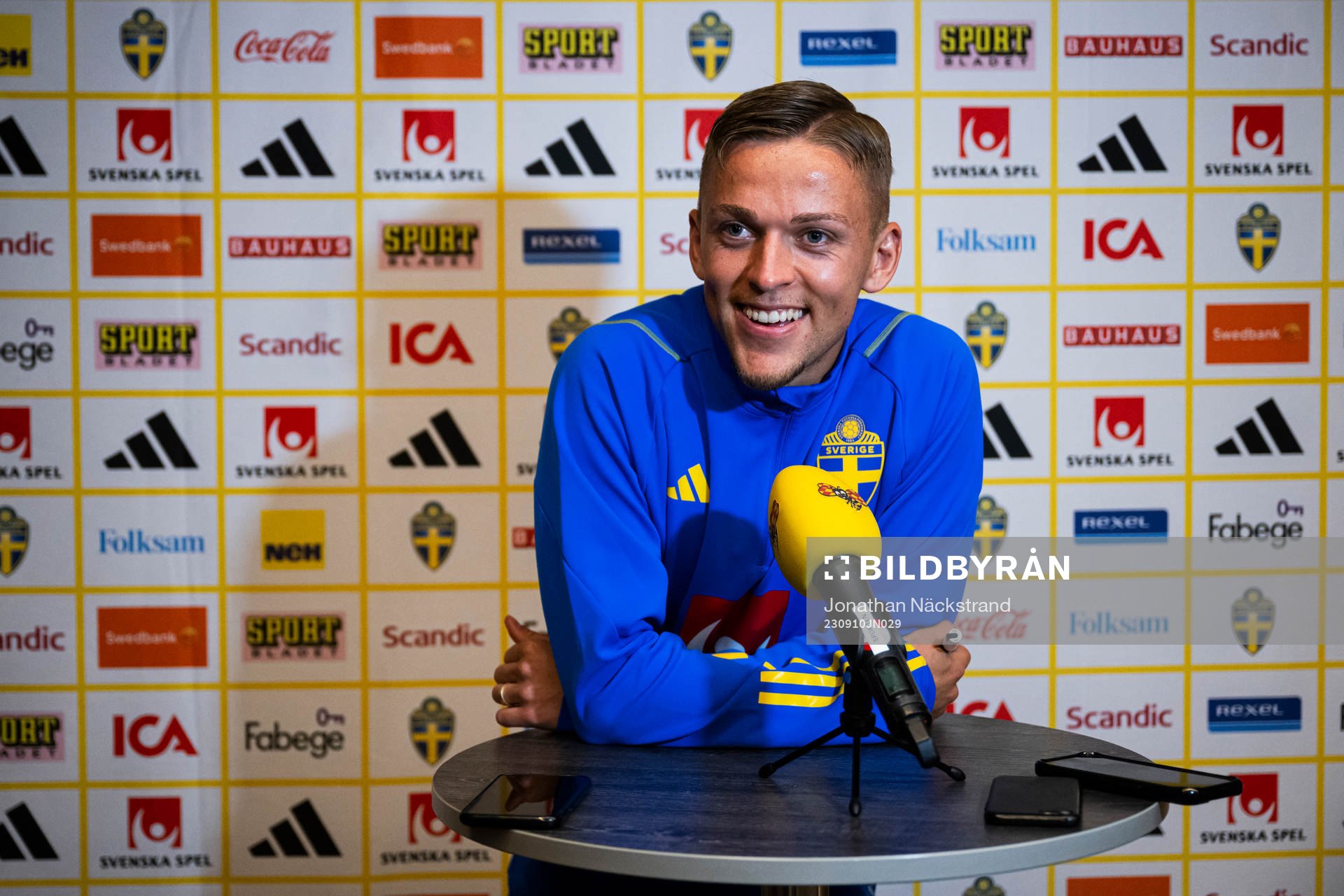of the Swedish national football team at a Mixed Zone