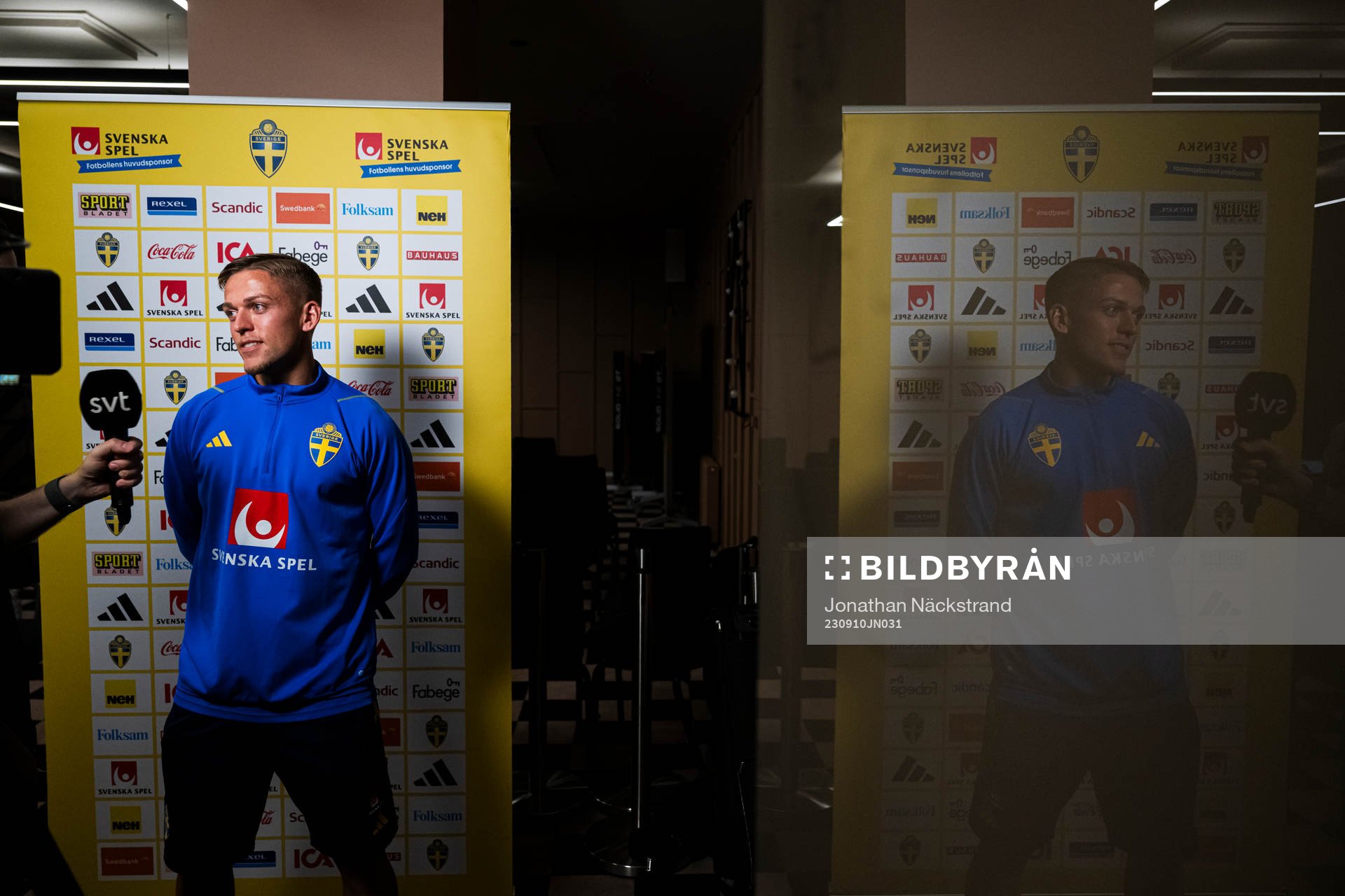 of the Swedish national football team at a Mixed Zone