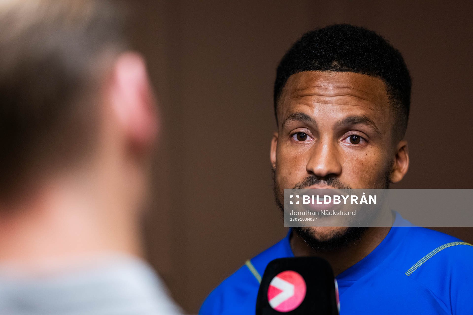 Martin Olsson of the Swedish national football team at a mixed zone on September 10, 2023 in Stockholm. 