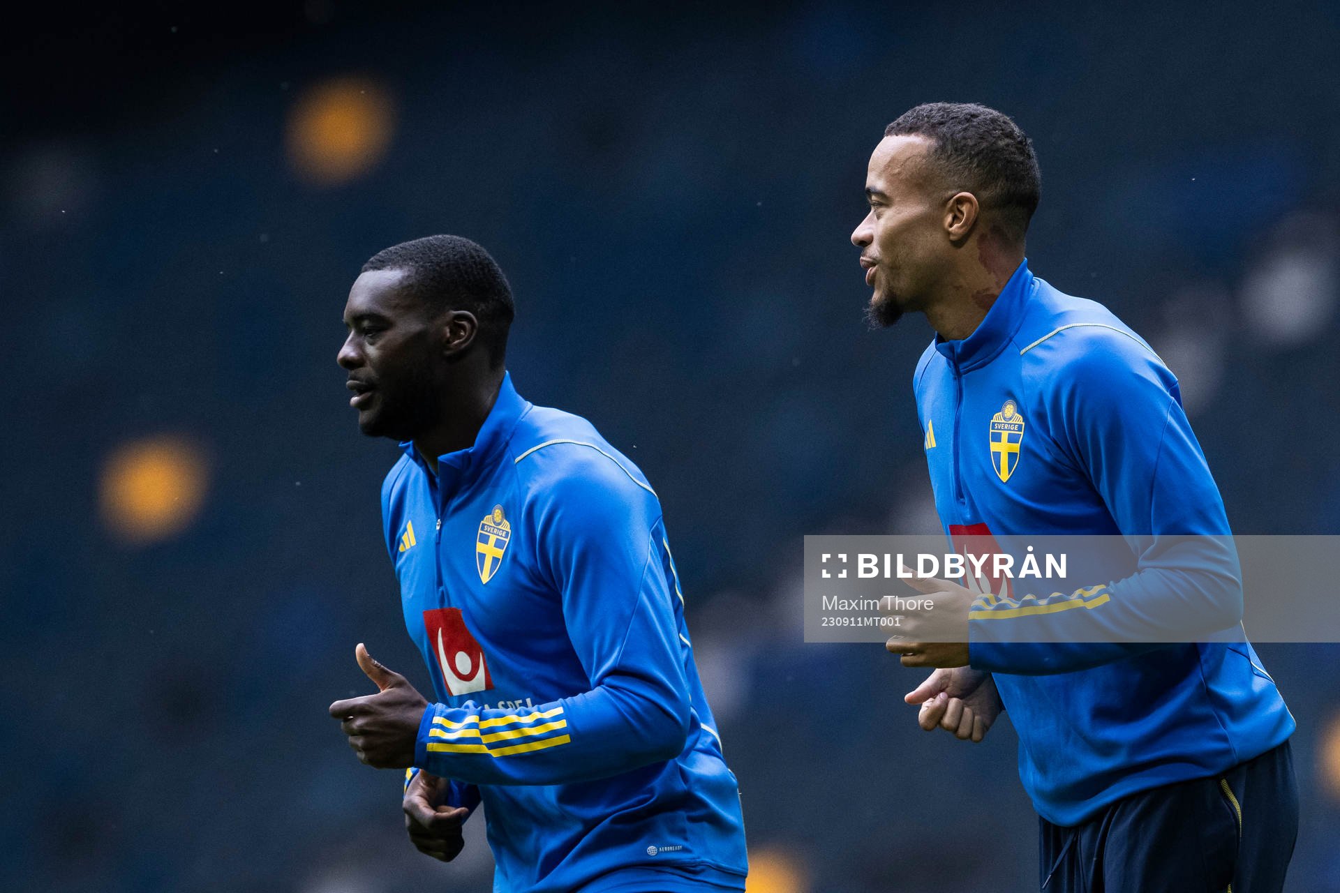 Ken Sema and Robin Quaison of the Swedish national football team at a training session on September 11, 2023 in Stockholm. 