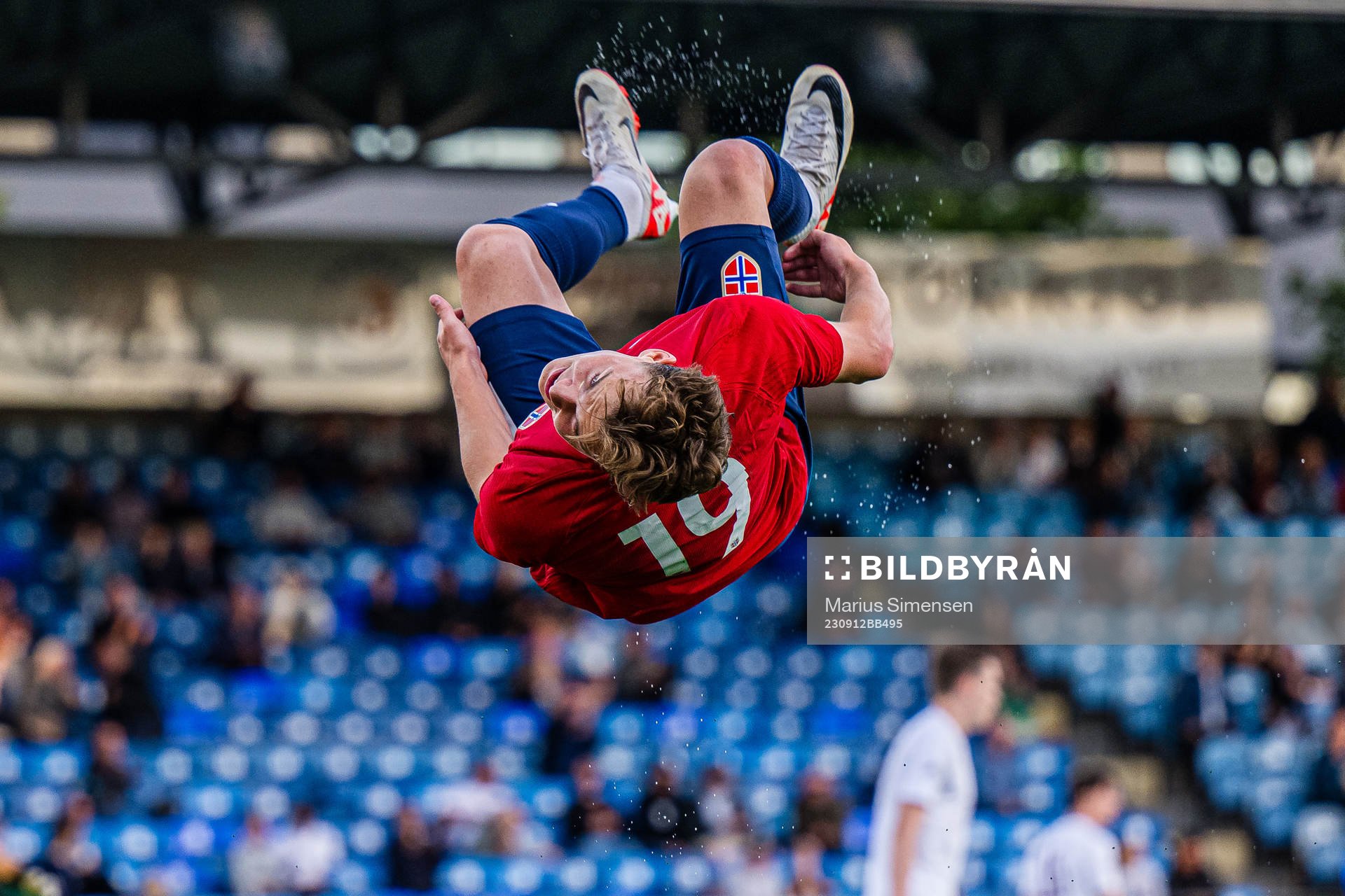 Kristian Fredrik Malt Arnstad of Norway celebrates after scoring the 3-0 goal during the UEFA European Under-21 Qualifier football match between Norway and Latvia on September 12, 2023 in Drammen.
