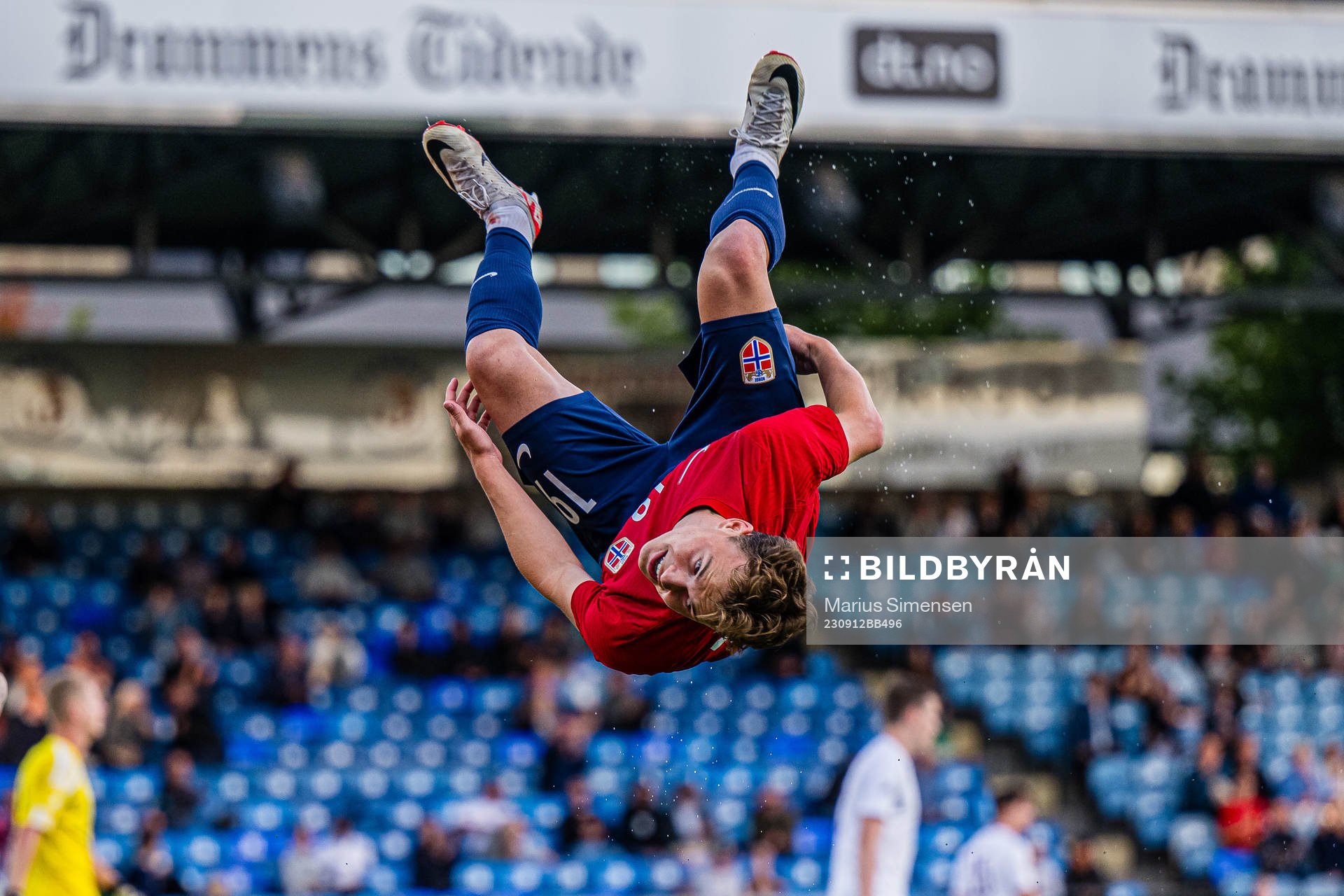 Kristian Fredrik Malt Arnstad of Norway celebrates after scoring the 3-0 goal during the UEFA European Under-21 Qualifier football match between Norway and Latvia on September 12, 2023 in Drammen.