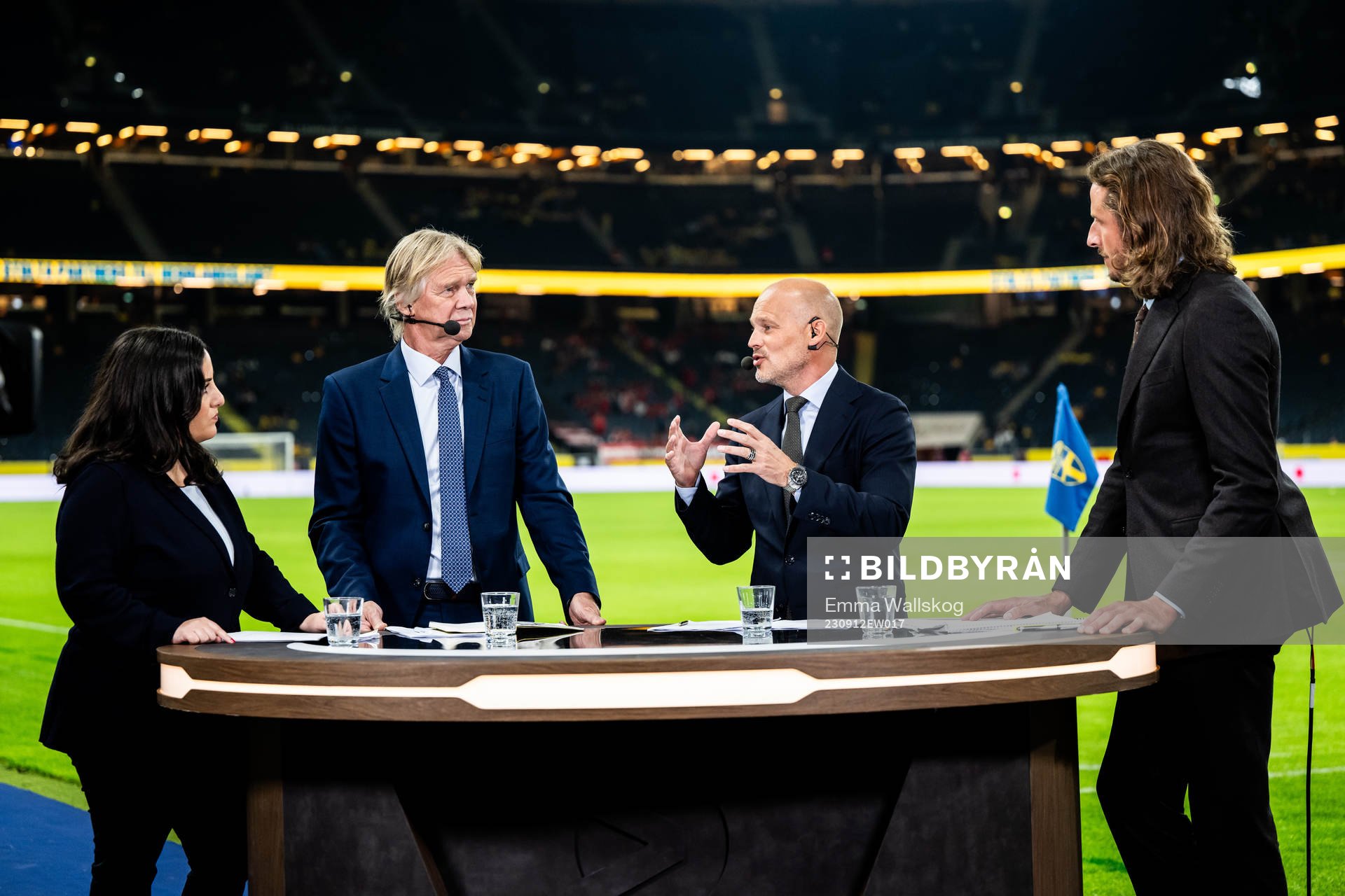 Jennifer Kücükaslan, Glenn Strömberg, Fredrik Ljungberg and Jonas Olsson in Viaplay’s studio ahead of the UEFA Euro Qualifier football match between Sweden and Austria on September 12, 2023 in Stockholm.
