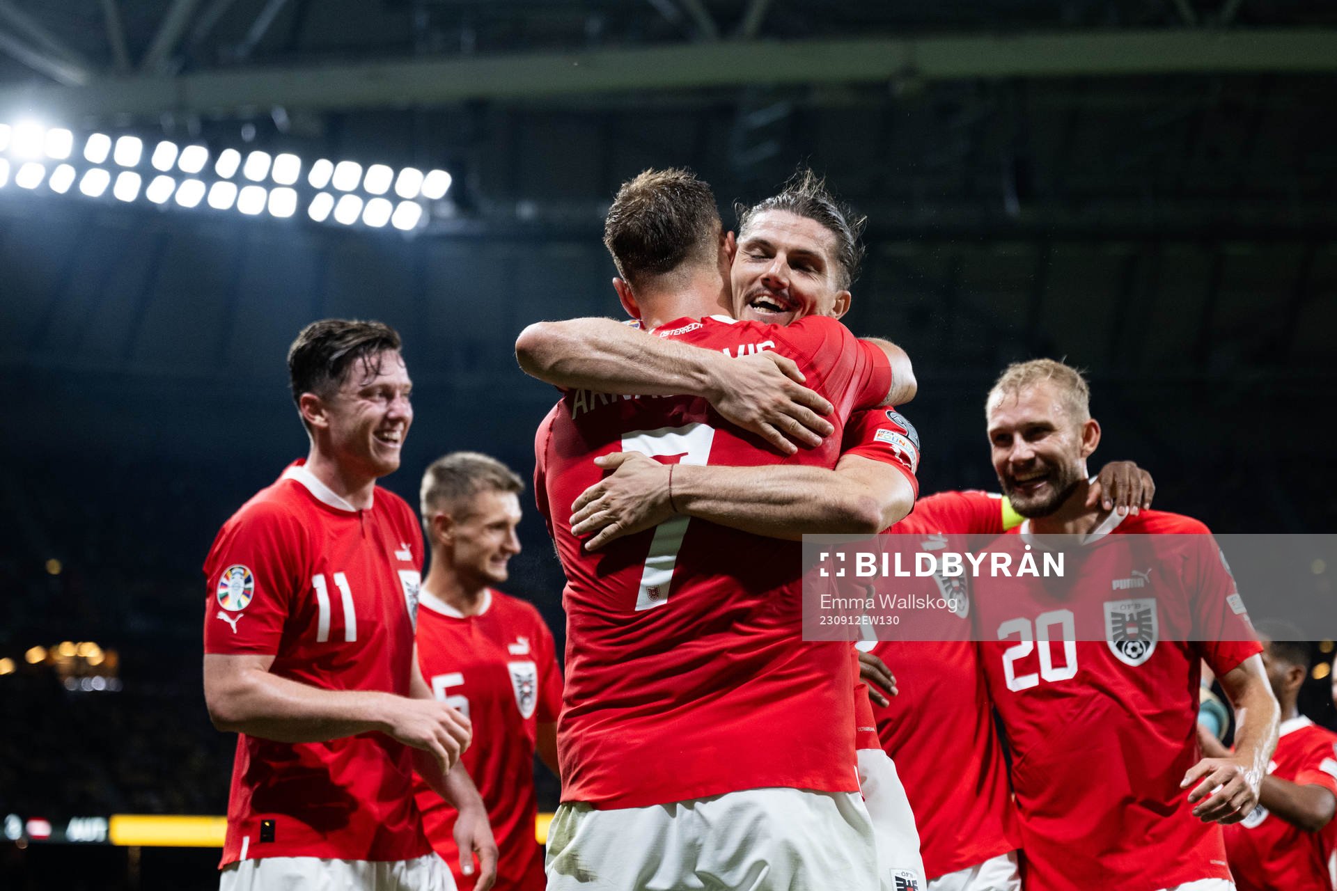 Marko Arnautovic of Austria celebrates with Marcel Sabitzer