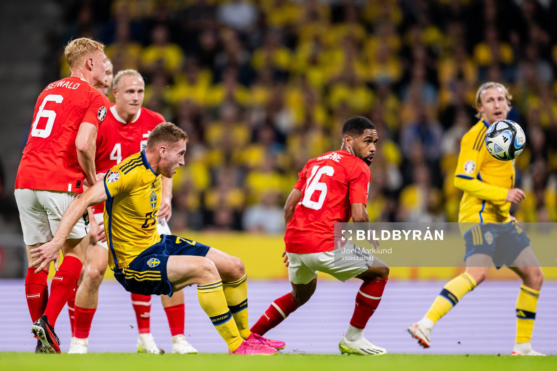 Dejan Kulusevski of Sweden against Nicolas Seiwald and