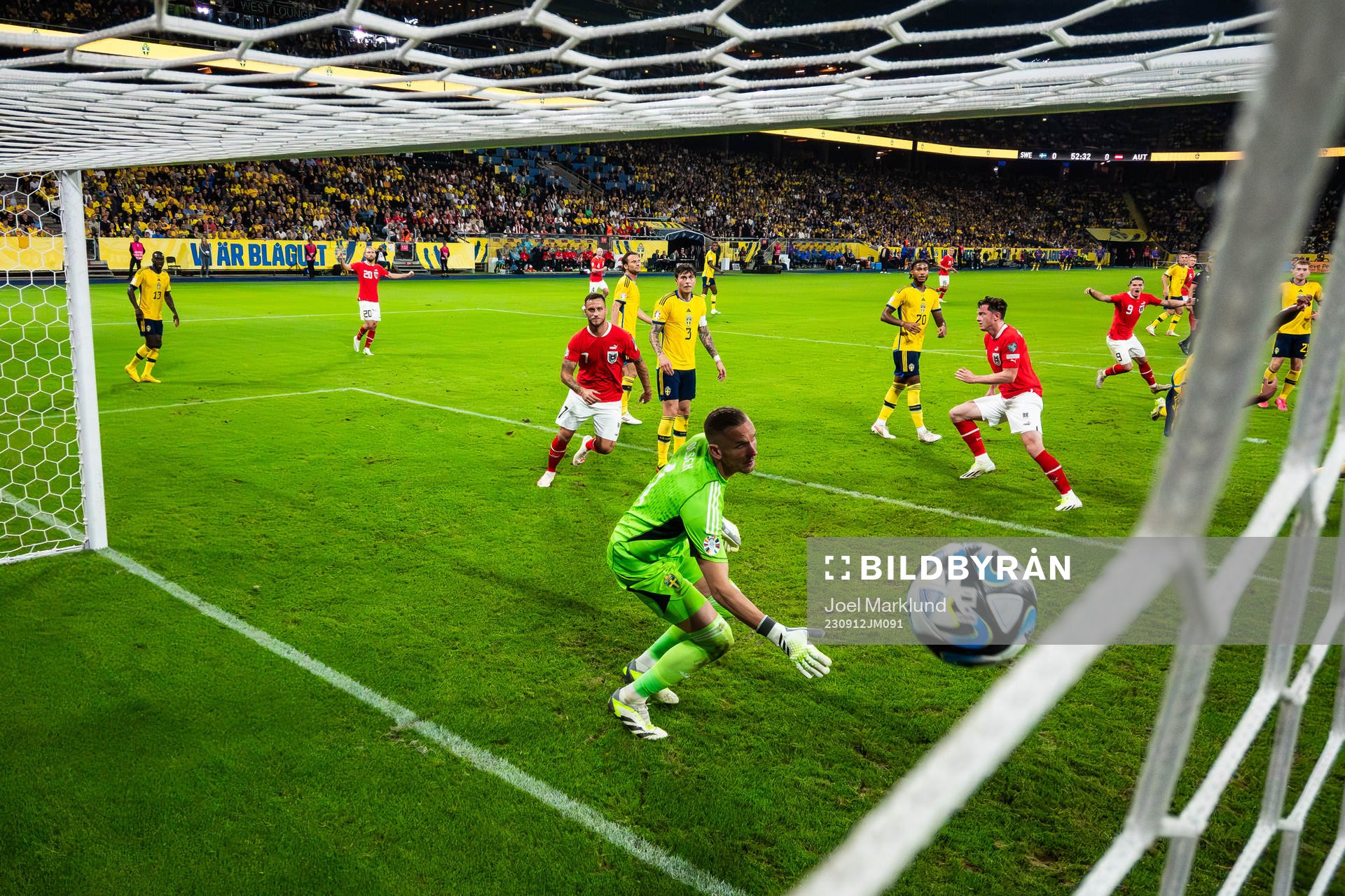 Goalkeeper Robin Olsen of Sweden lets in the 0-1 goal from