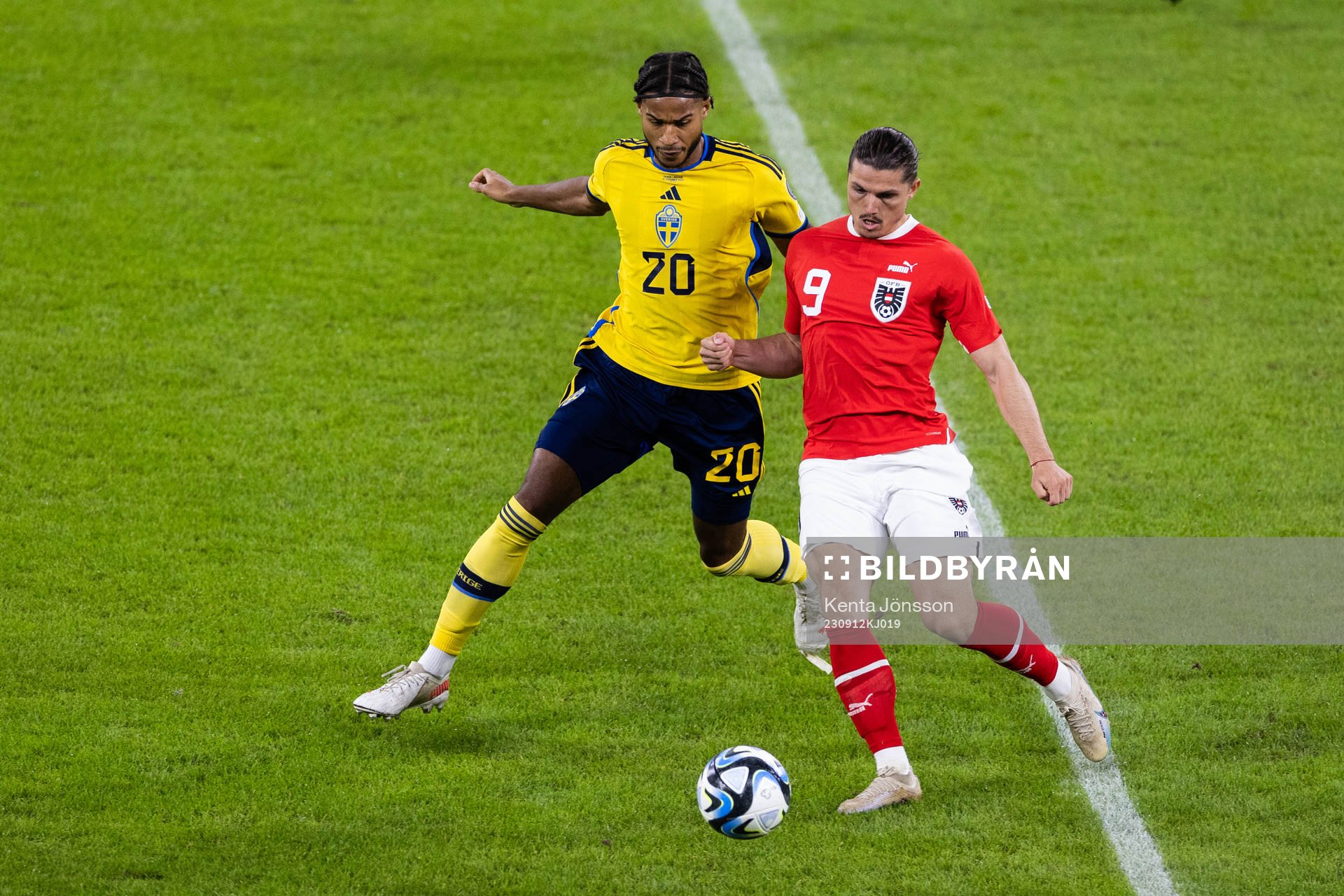Jens-Lys Michel Cajuste of Sweden and Marcel Sabitzer of