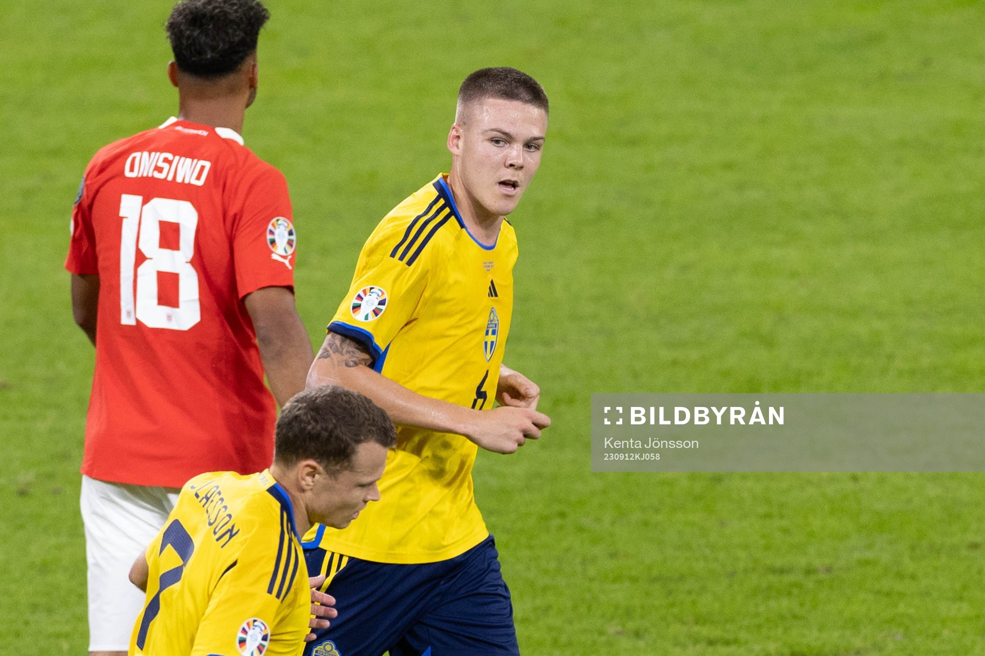 Emil Holm of Sweden celebrates after scoring 1-3 during the UEFA Euro Qualifier football match between Sweden and Austria on September 12, 2023 in Stockholm. 