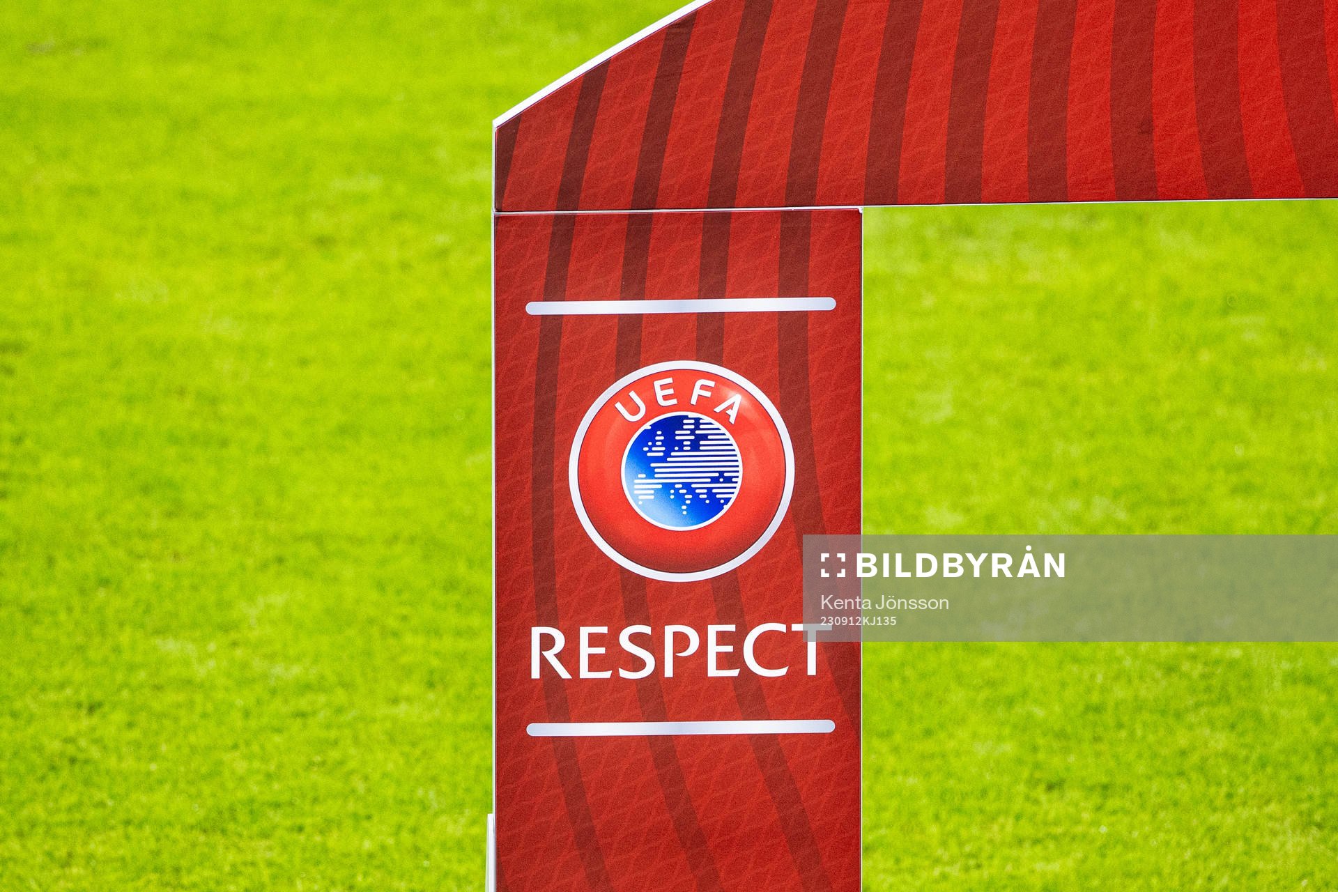 UEFA logotype ahead of the UEFA Euro Qualifier football match between Sweden and Austria on September 12, 2023 in Stockholm. 
