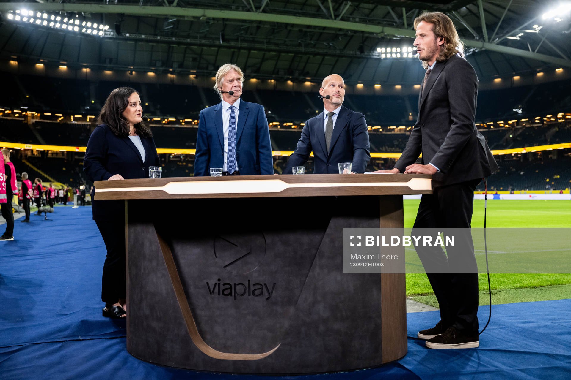 Jennifer Kücükaslan, Glenn Strömberg, Fredrik Ljungberg and Jonas Olsson in Viaplay’s studio ahead of the UEFA Euro Qualifier football match between Sweden and Austria on September 12, 2023 in Stockholm.