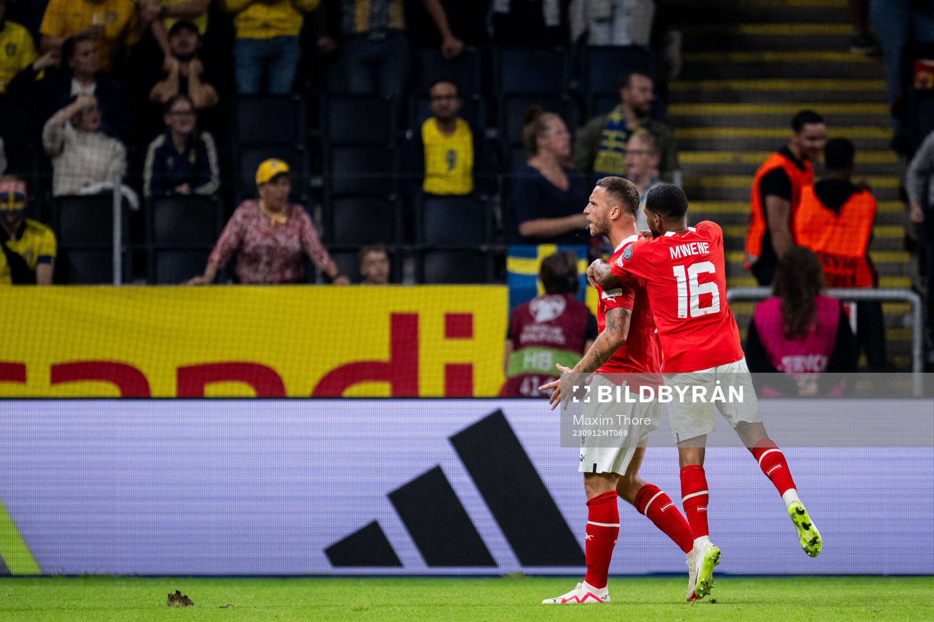 Marko Arnautovic of Austria celebrate with Philip Mwene