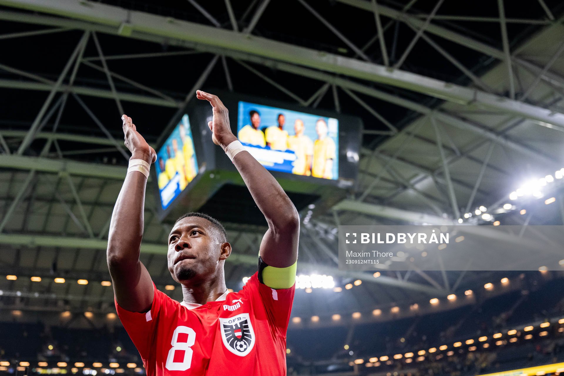 David Alaba of Austria celebrates after the UEFA Euro Qualifier football match between Sweden and Austria on September 12, 2023 in Stockholm.