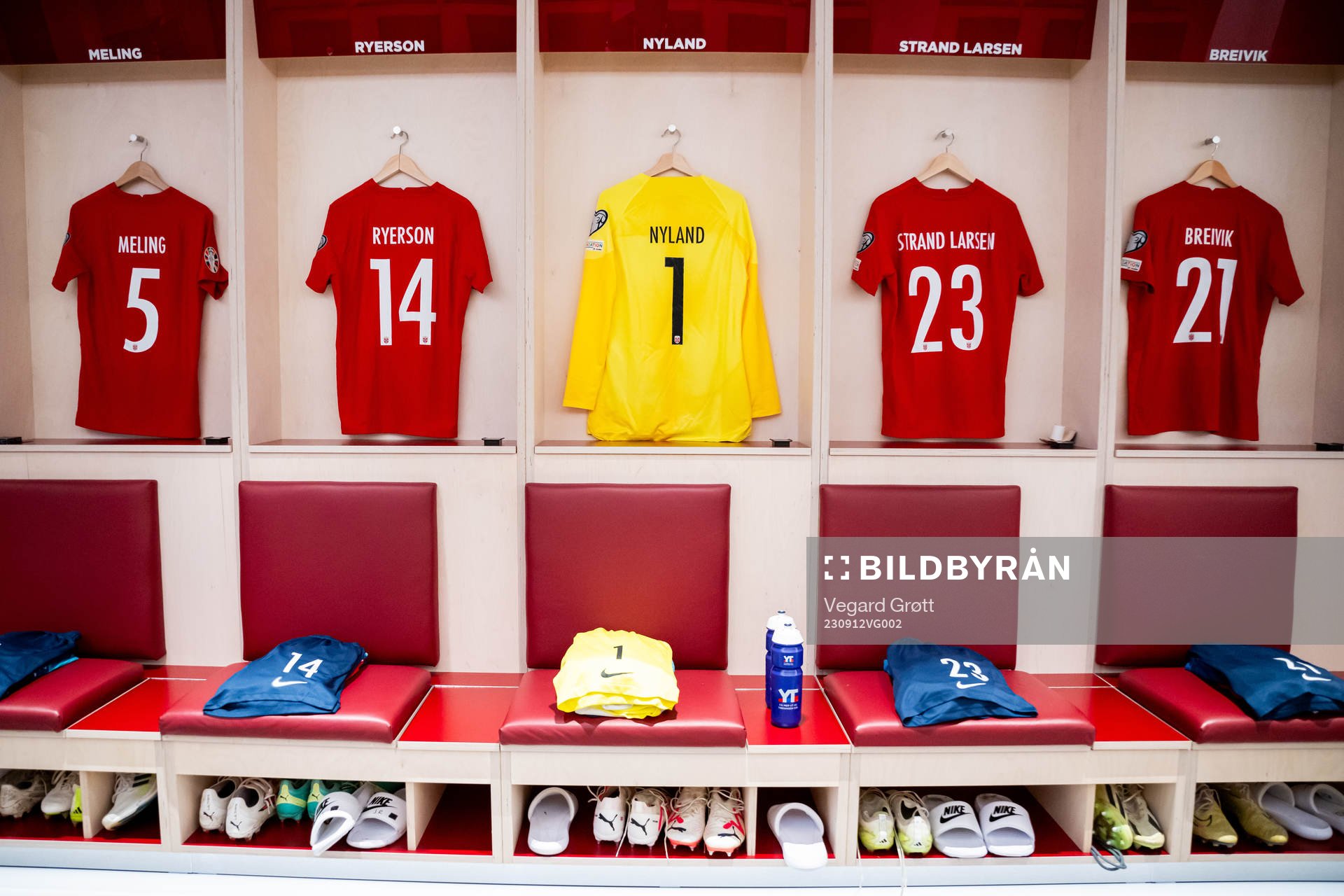 The kits of Birger Meling, Julian Ryerson, goalkeeper Ørjan Håskjold Nyland, Jørgen Strand Larsen and Emil Breivik of Norway in the dressing room ahead of the UEFA Euro Qualifier football match between Norway and Georgia on September 12, 2023 in Oslo. 