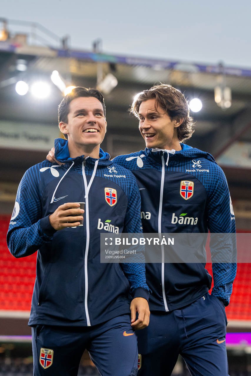 Hugo Vetlesen and Markus Solbakken of Norway ahead of the UEFA Euro Qualifier football match between Norway and Georgia on September 12, 2023 in Oslo.