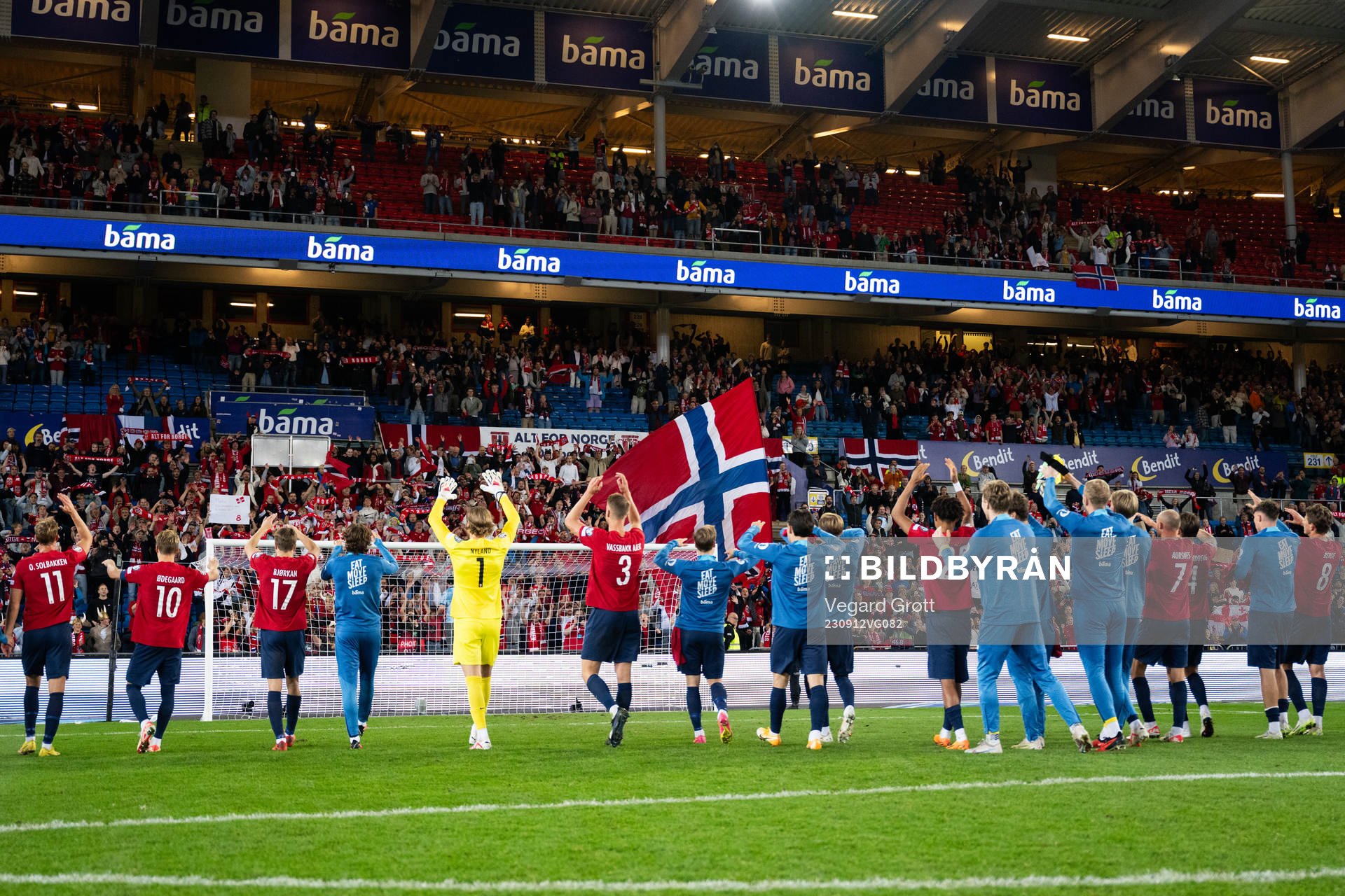 Players of Norway celebrate after the UEFA Euro Qualifier football match between Norway and Georgia on September 12, 2023 in Oslo. 