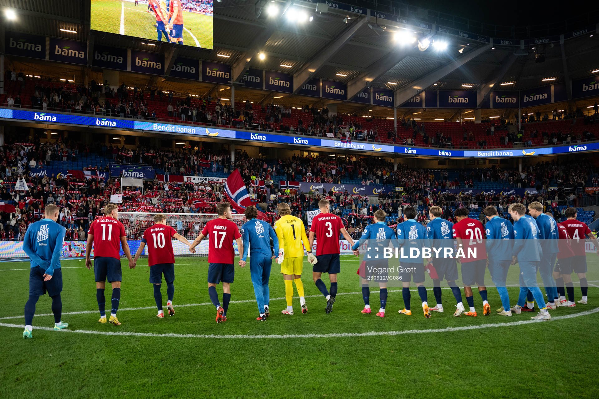 Players of Norway celebrate after the UEFA Euro Qualifier football match between Norway and Georgia on September 12, 2023 in Oslo. 