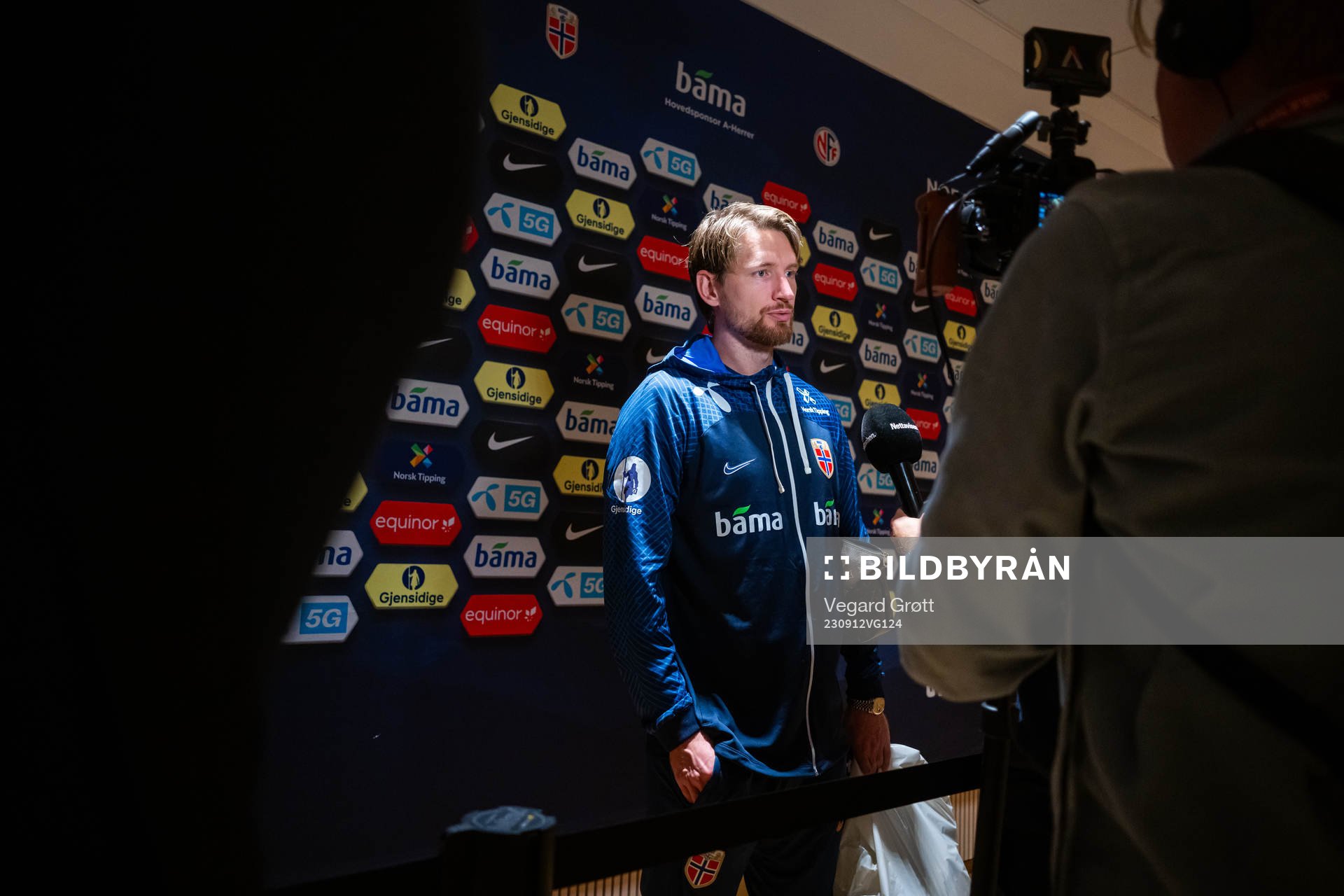 Stefan Strandberg of Norway in the mixed zone after the UEFA Euro Qualifier football match between Norway and Georgia on September 12, 2023 in Oslo.