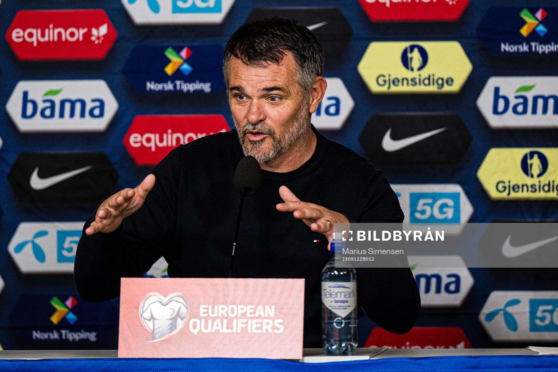 Willy Sagnol, head coach of Georgia, during a press conference afterer the UEFA Euro Qualifier football match between Norway and Georgia on September 12, 2023 in Oslo.