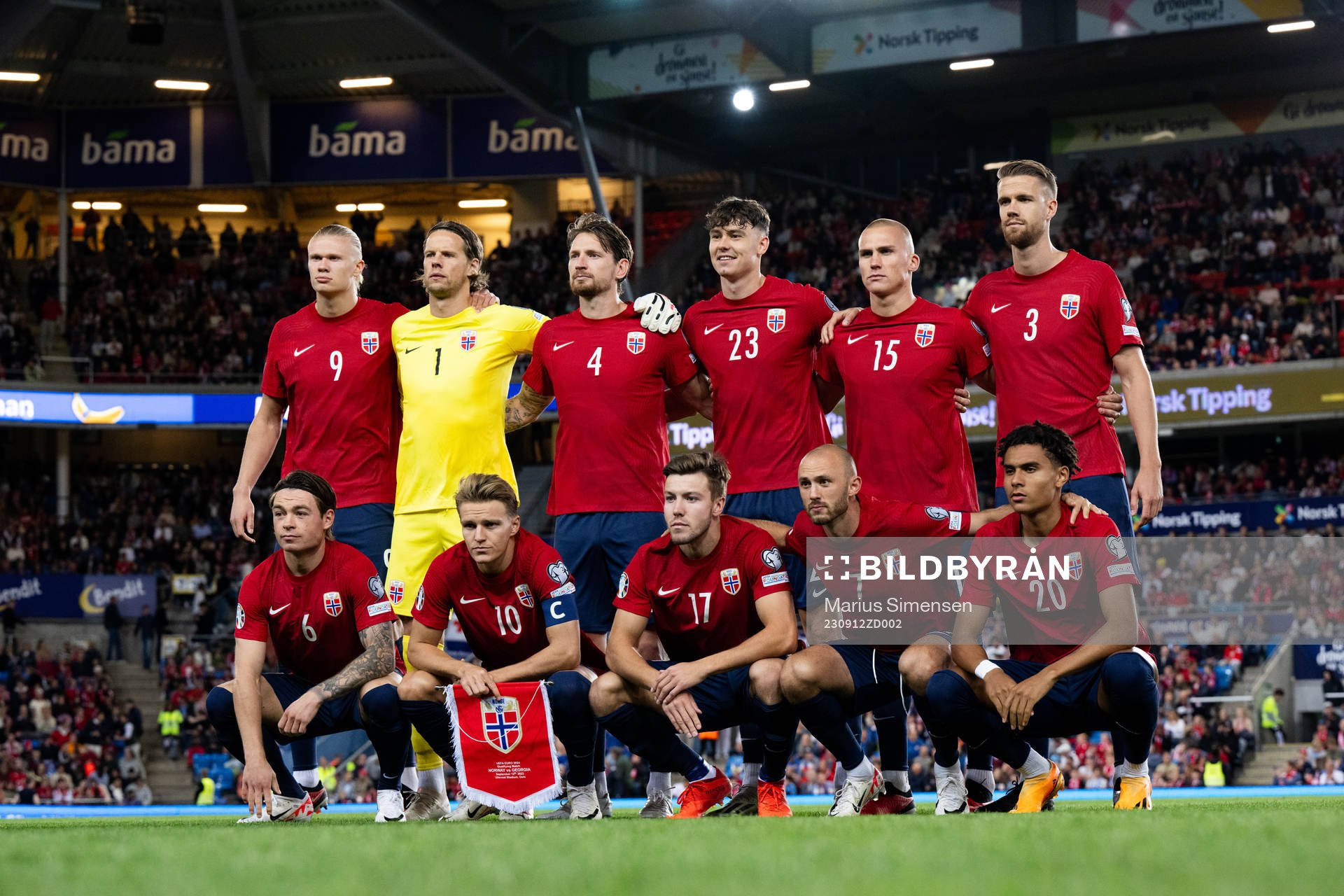 The staring eleven of Norway ahead of the UEFA Euro Qualifier football match between Norway and Georgia on September 12, 2023 in Oslo.