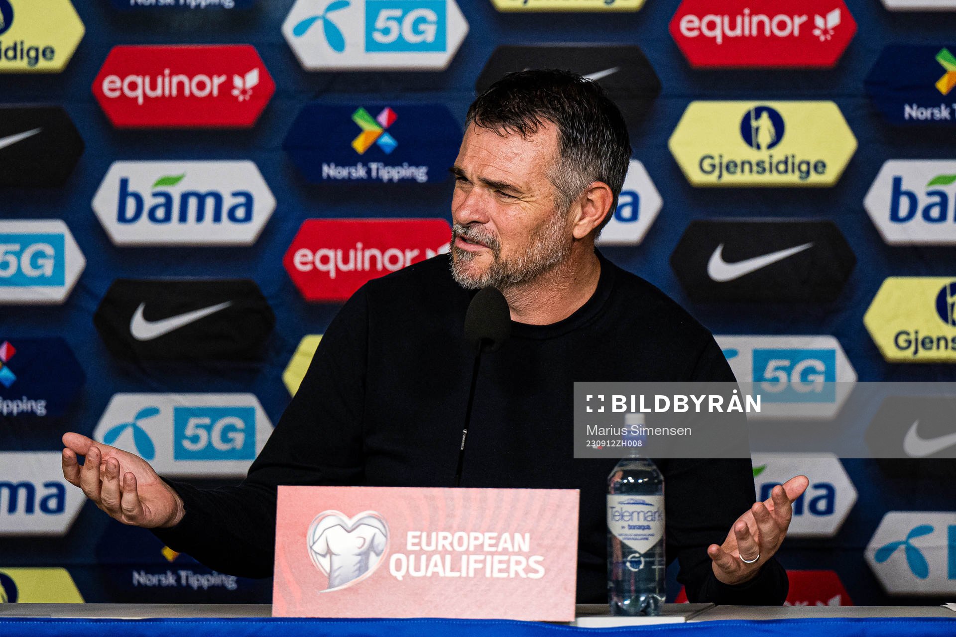 Willy Sagnol, head coach of Georgia, during a press conference afterer the UEFA Euro Qualifier football match between Norway and Georgia on September 12, 2023 in Oslo.