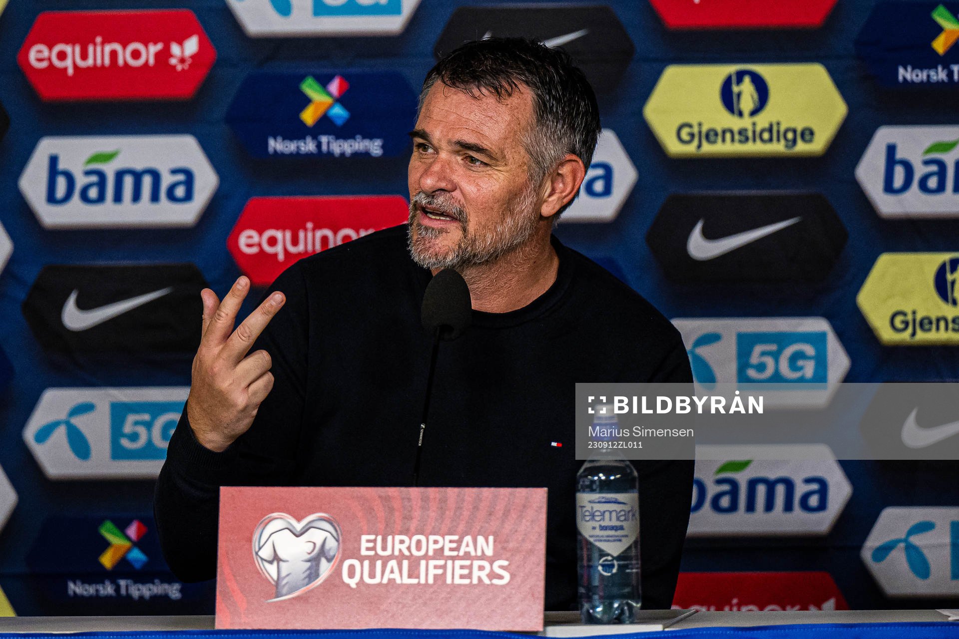 Willy Sagnol, head coach of Georgia, during a press conference afterer the UEFA Euro Qualifier football match between Norway and Georgia on September 12, 2023 in Oslo.
