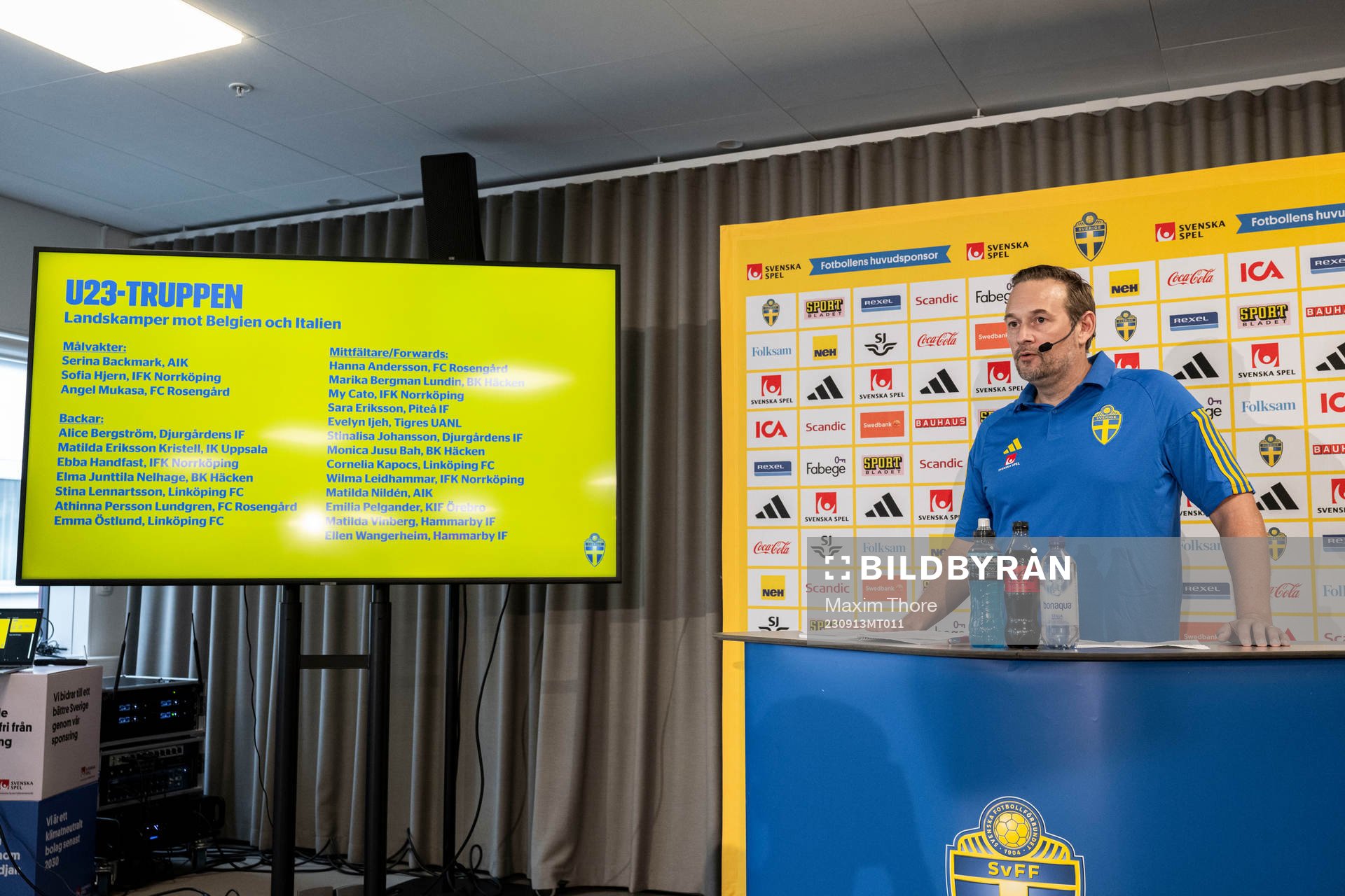 Martin Qvarmans Möller, U23 coach of the Sweden's women's national football team, presents the team selection during a press conference on September 13, 2023 in Stockholm.