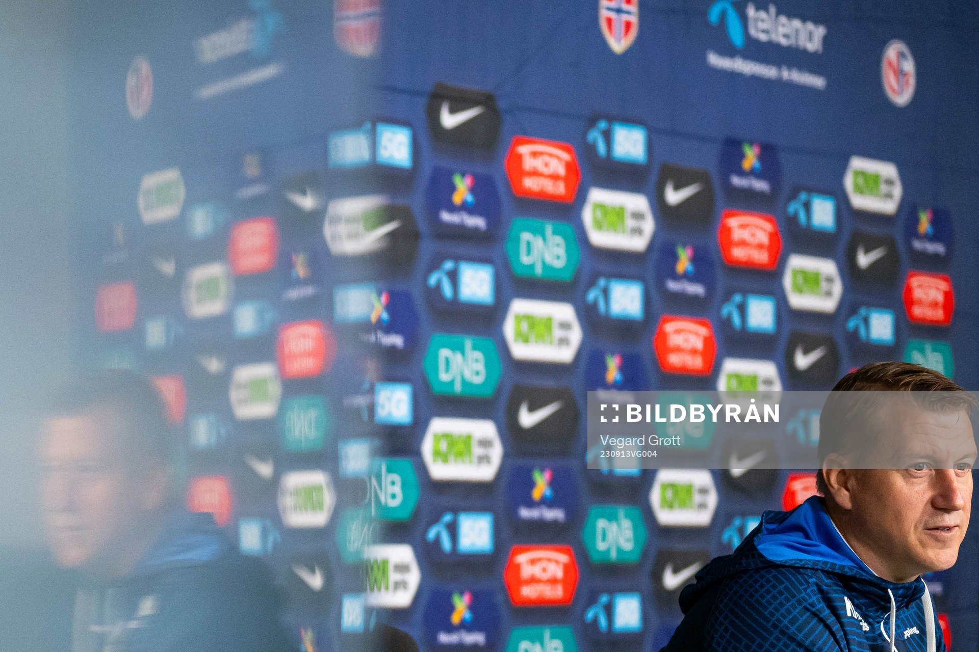 Leif Gunnar Smerud, interim head coach of the Norwegian women's national football team, presents the team selection ahead of the UEFA Women's Nations League during a press conference on September 13, 2023 in Oslo.