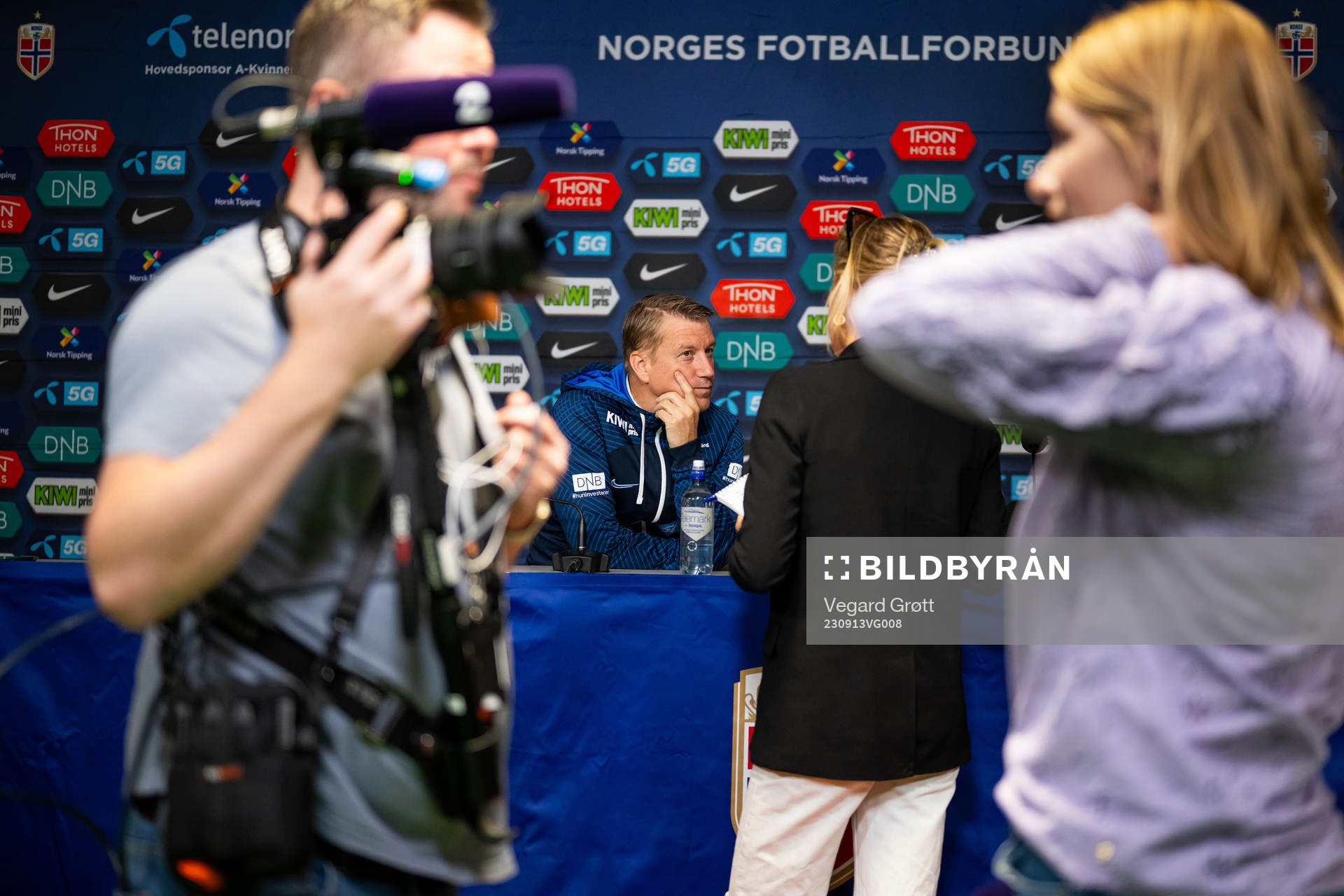 Leif Gunnar Smerud, interim head coach of the Norwegian women's national football team, talks to media after presenting the team selection ahead of the UEFA Women's Nations League during a press conference on September 13, 2023 in Oslo. 