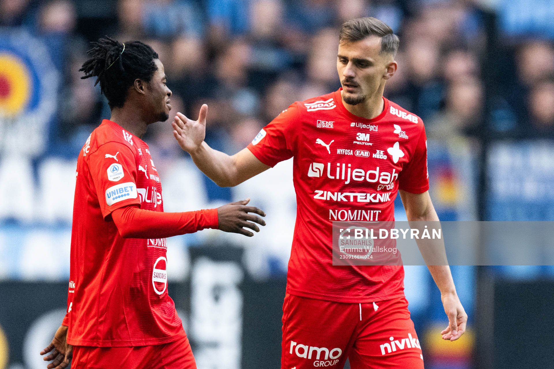 Värnamos Ajdin Zeljkovic jublar med Frank Junior Agyei efter 0-1 under fotbollsmatchen i Allsvenskan mellan Djurgården och Värnamo den 16 september 2023 i Stockholm.