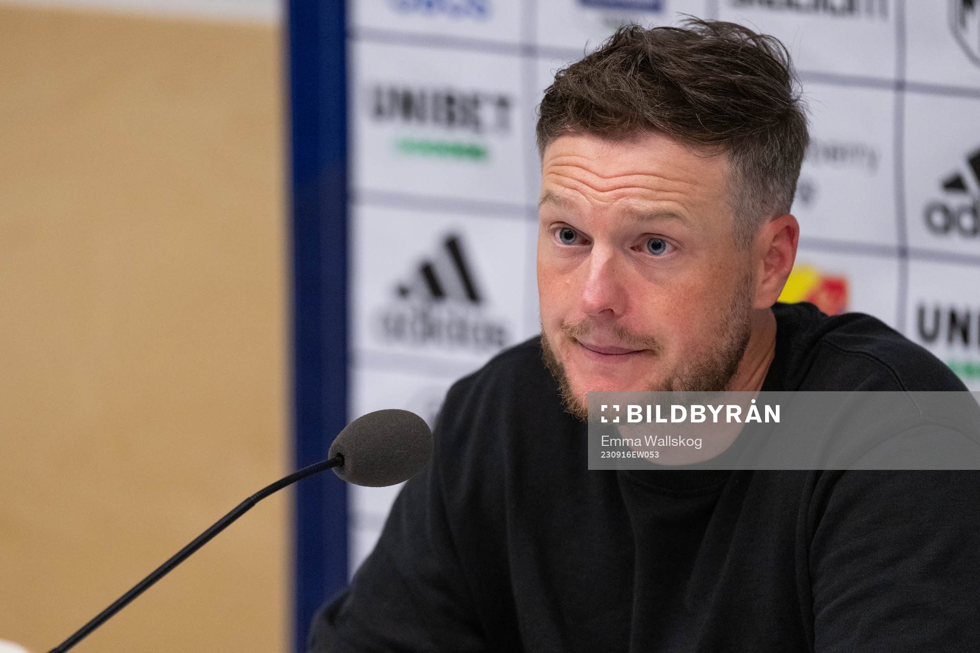 Värnamos tränare Kim Hellberg under en presskonferens efter fotbollsmatchen i Allsvenskan mellan Djurgården och Värnamo den 16 september 2023 i Stockholm.