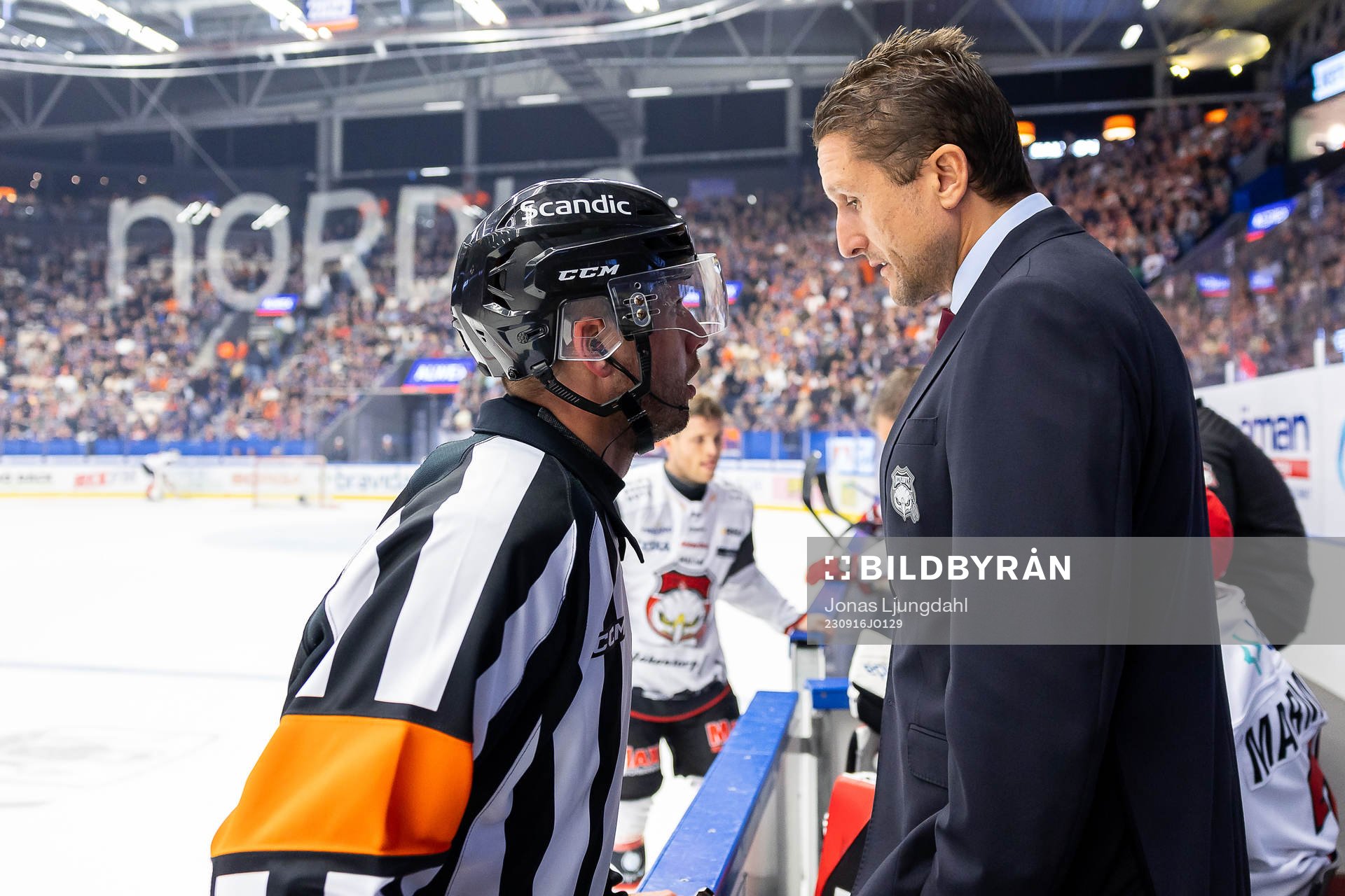 Domare Johan Magnusson pratar med Malmö Redhawks tränare