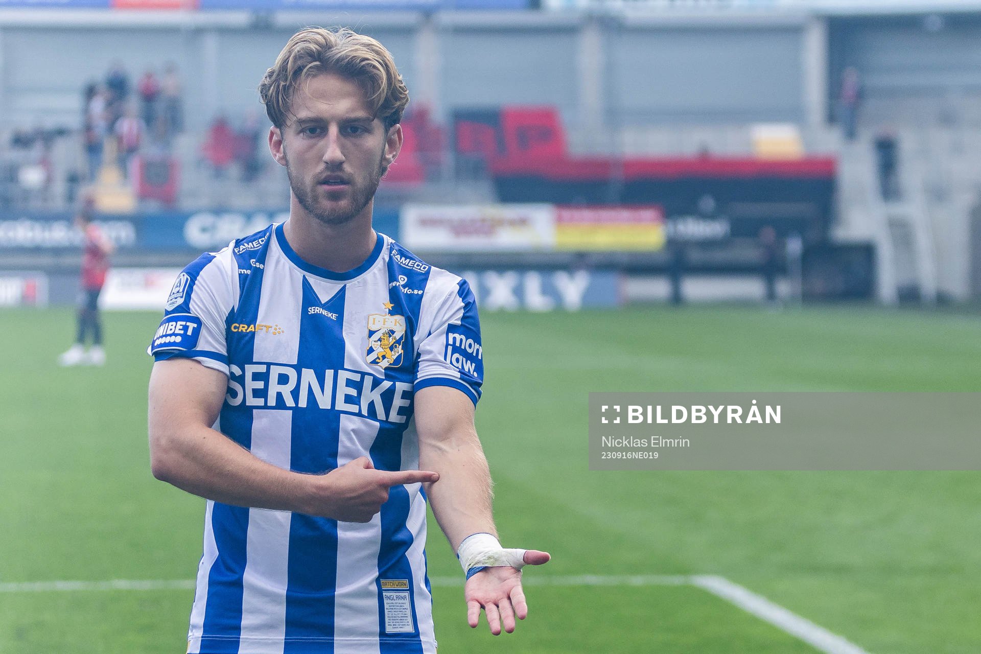 IFK Göteborgs Arbnor Mucolli jublar efter 1-0 under fotbollsmatchen i Allsvenskan mellan IFK Göteborg och Brommapojkarna den 16 september 2023 i Göteborg.