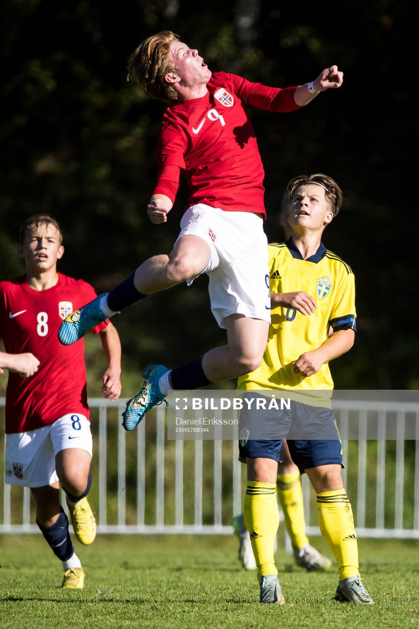 Norges Richard Alexander Ferrington under träningningslandskampen i fotboll mellan Sverige och Norge den 17 september 2023 i Falun.