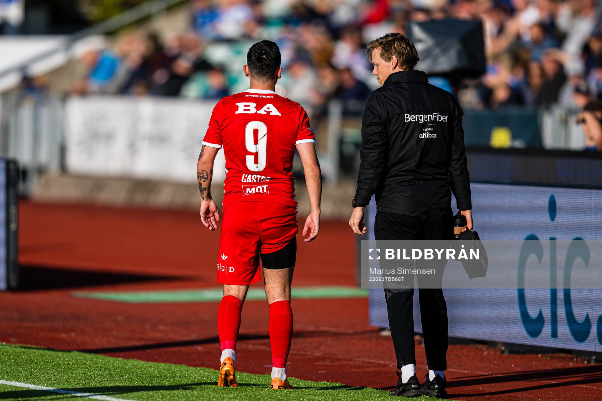 Niklas Castro of Brann leaves the pitch with an injury