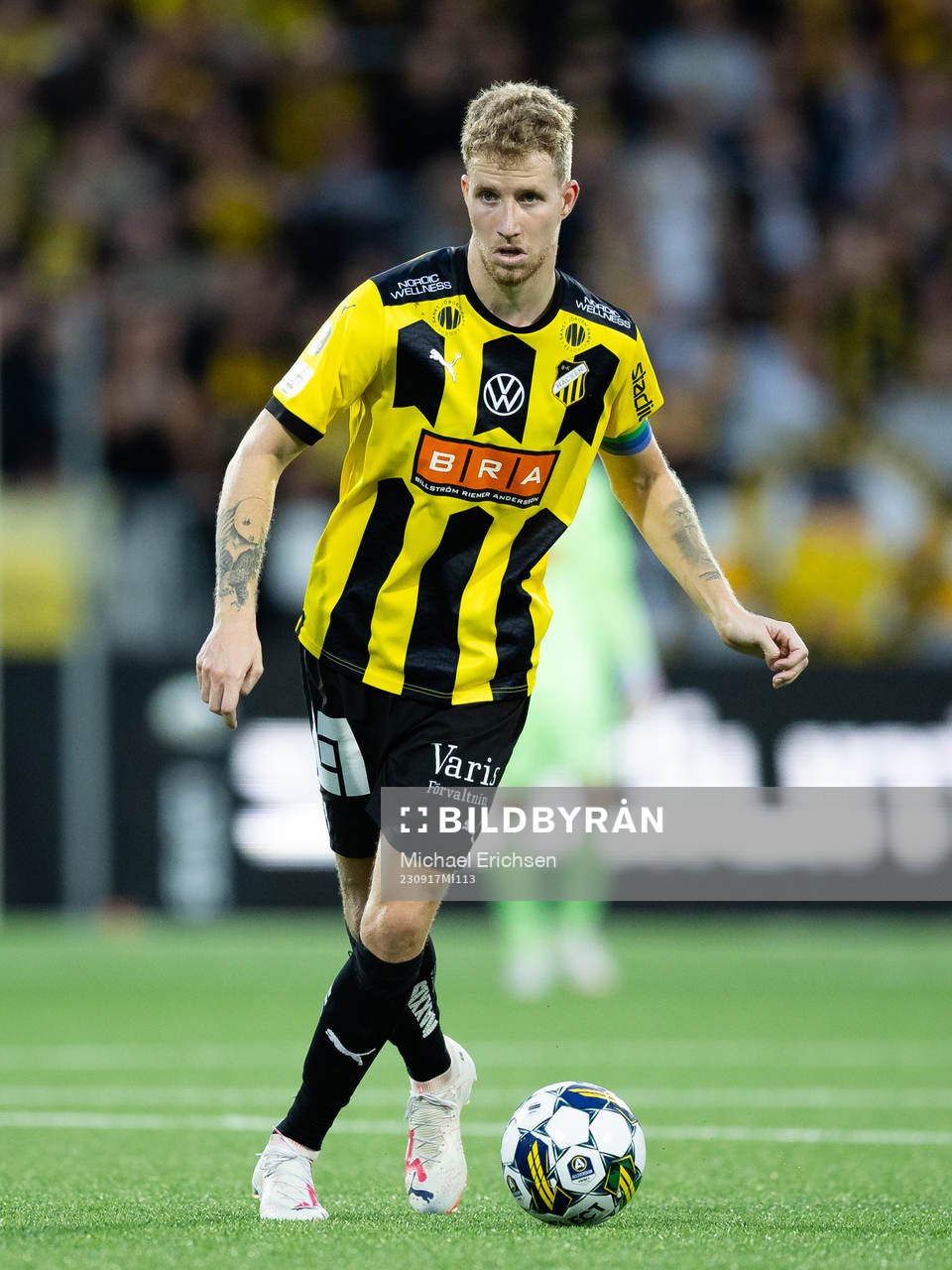 Häckens Samuel Gustafson under fotbollsmatchen i Allsvenskan mellan Häcken och Halmstad den 17 september 2023 i Göteborg. 
