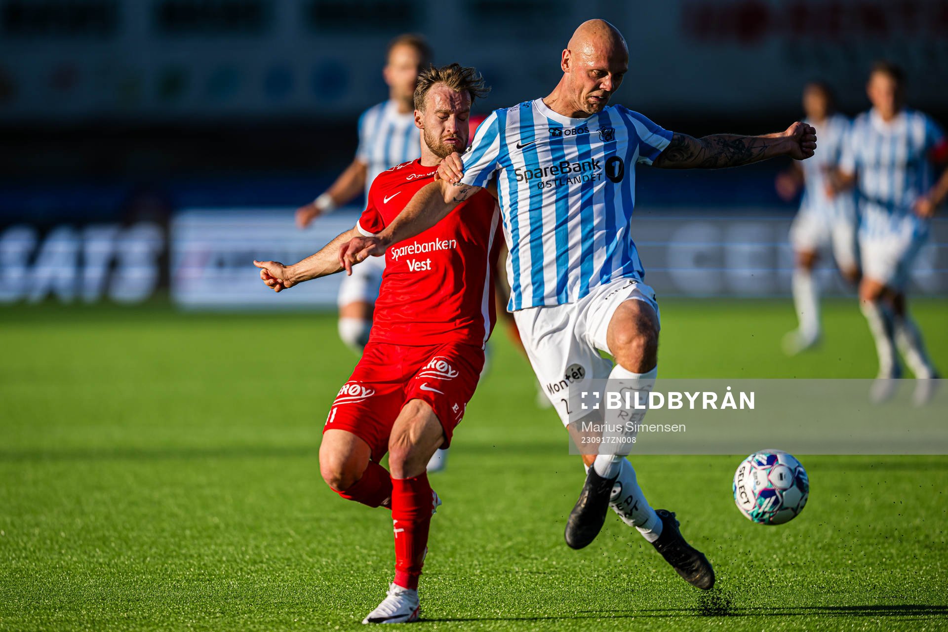 Bård Finne of Brann and Kasper Søndergaard Pedersen of Stabæk during the Eliteserien match between Stabæk and Brann on September 17, 2023 in Bekkestua.