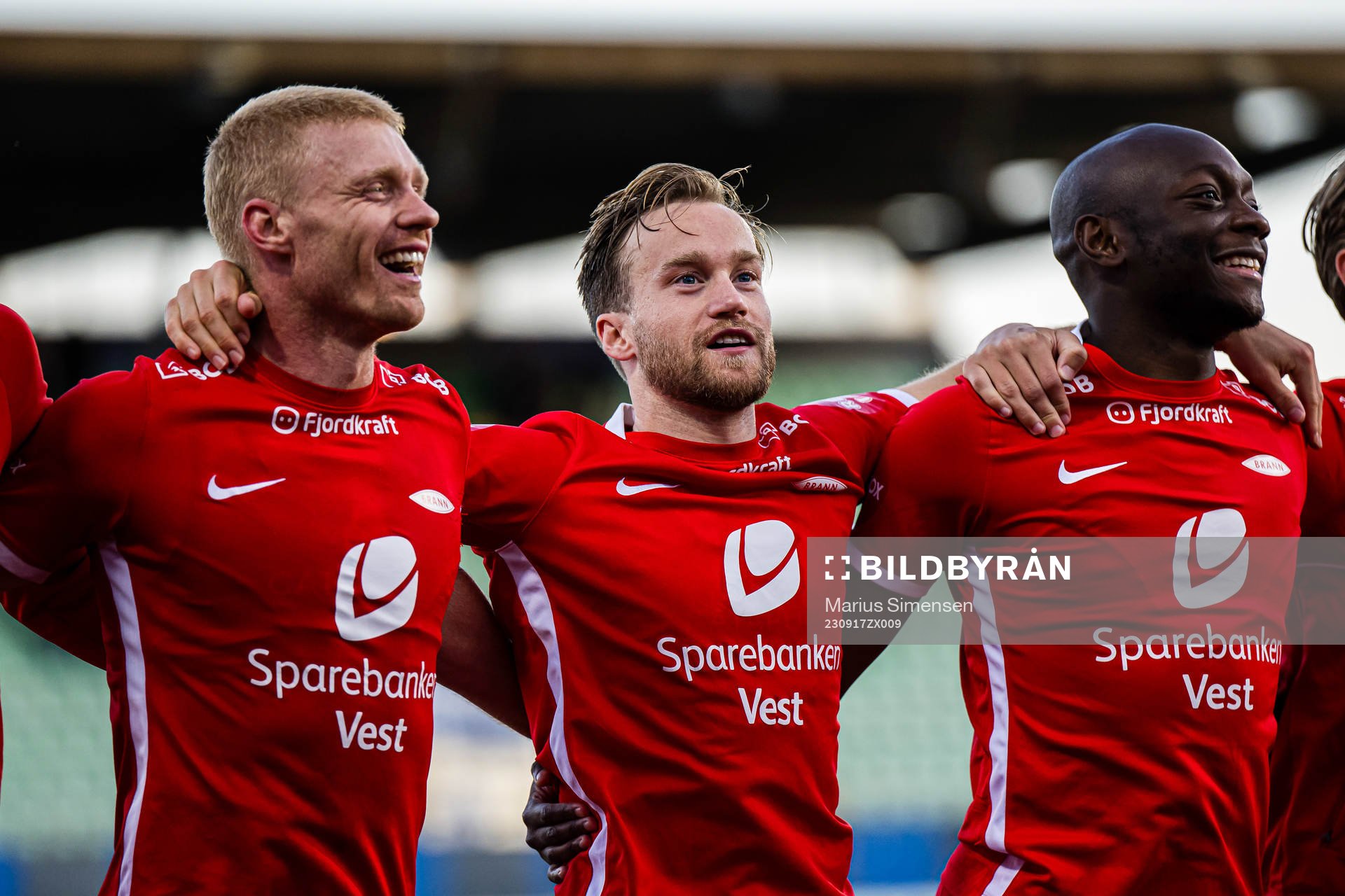 Sivert Heltne Nilsen, Bård Finne and Monga Simba of Brann celebrates after the Eliteserien match between Stabæk and Brann on September 17, 2023 in Bekkestua.